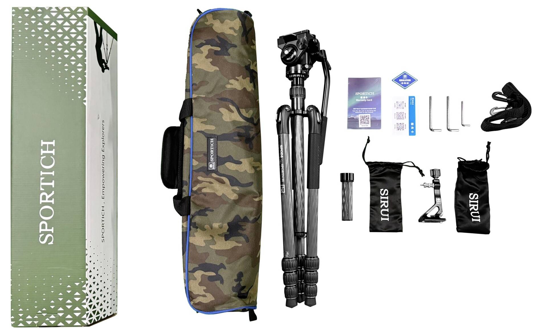 SIRUI Europe Sirui Sportich SP024 + B5X Carbon Dreibeinstativ 1/4 Zoll Arbeitshöhe=31 - 159cm Carbon inkl. Tasche