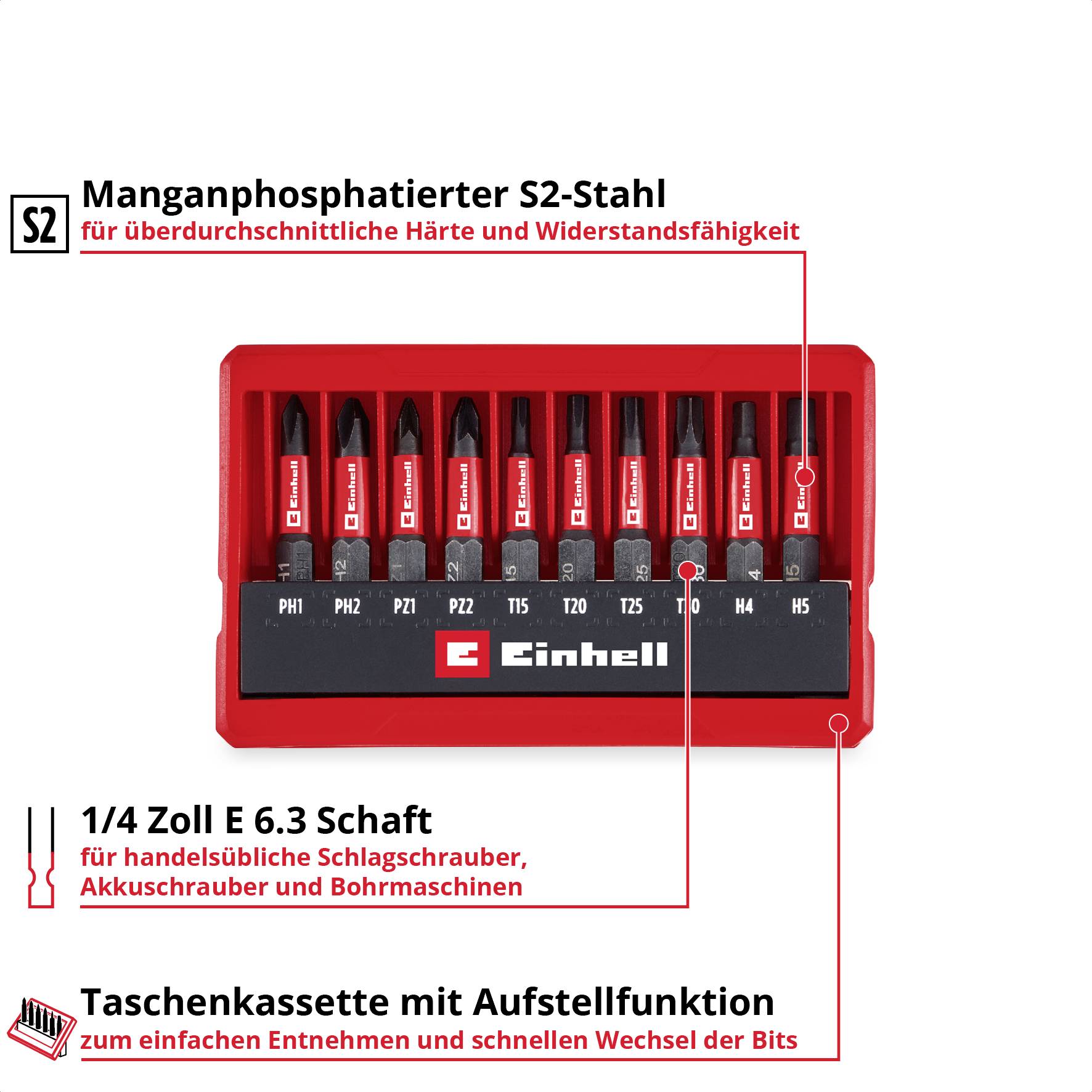Einhell Impact Bit Taschenbox 10tlg 118653 Bit-Set 1/4" (6.3 mm), PH, PZ, TORX, Sechskant