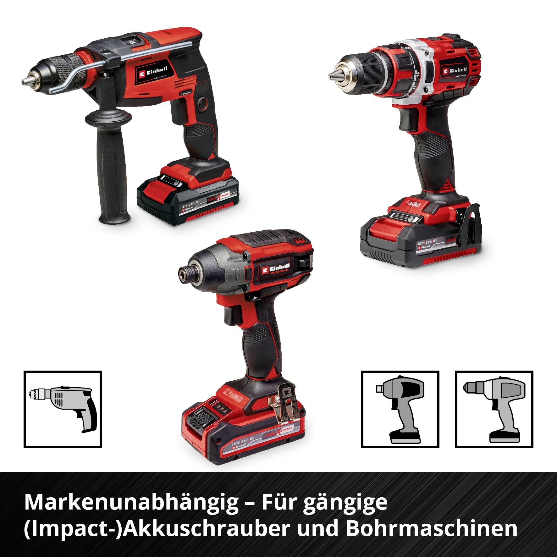 Drei verschiedene Akkuschrauber und Bohrmaschinenmodelle, schwarz-rot. Text: Markenunabhängig - Für gängige (Impact-)Akkuschrauber und Bohrmaschinen.