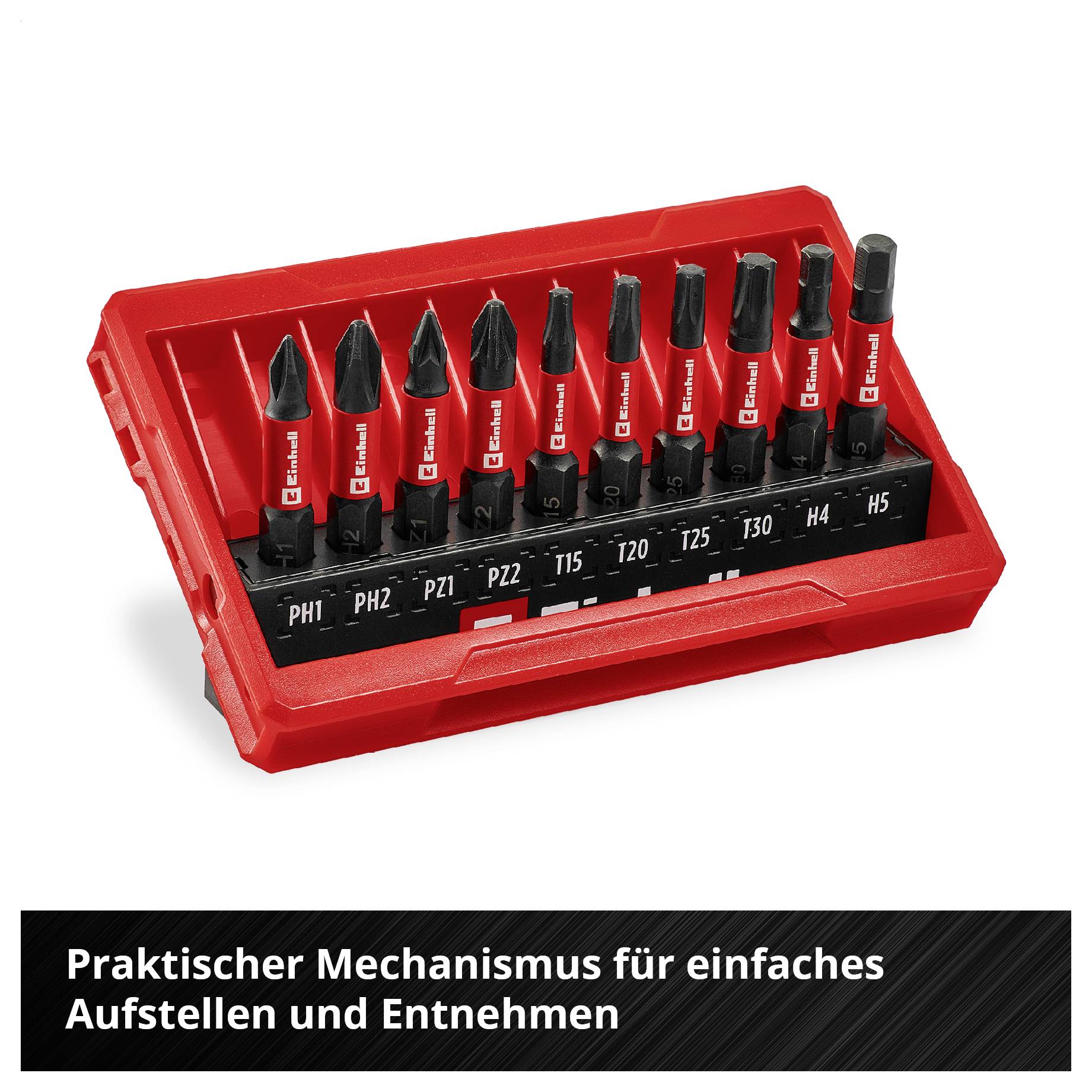 Ein rotes Etui mit verschiedenen Schraubendreher-Bits. Beschriftung am Etui: 'Praktischer Mechanismus für einfaches Aufstellen und Entnehmen'.