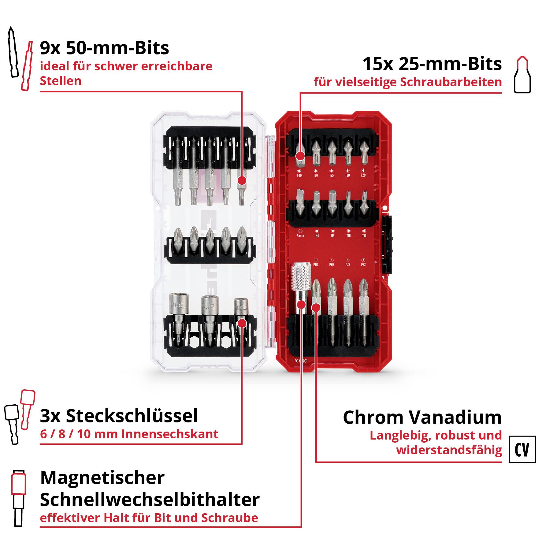 Einhell S-CASE Bitset 28tlg LS 108613 Bit-Set 1/4" (6.3 mm), TORX, PZ, PH, Schlitz, Sechskant