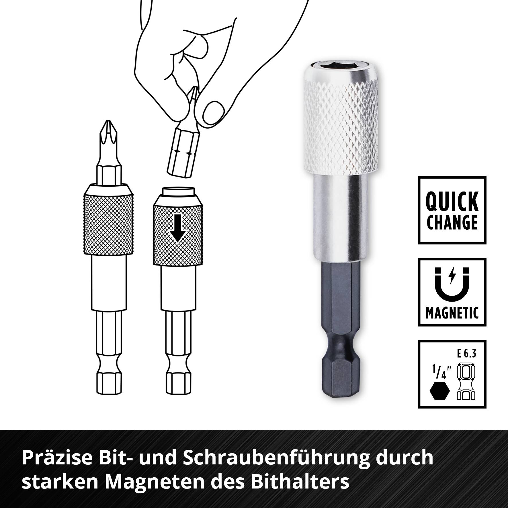 'Präzise Bit- und Schraubenführung durch starken Magneten des Bithalters' mit Illustrationen der Funktionsweise des Bithalters.
