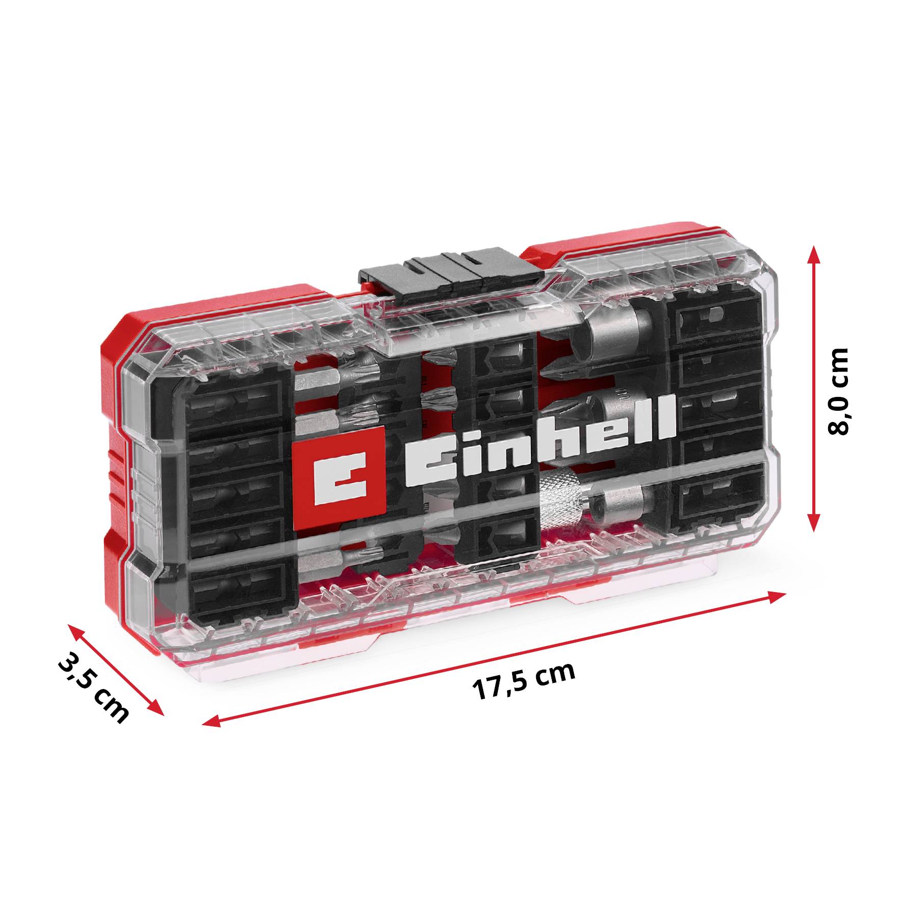 Satz von Schraubbits mit transparentem Etui, rot-schwarz, Maße: 17,5 cm x 8 cm x 3,5 cm. Marke: Einhell.