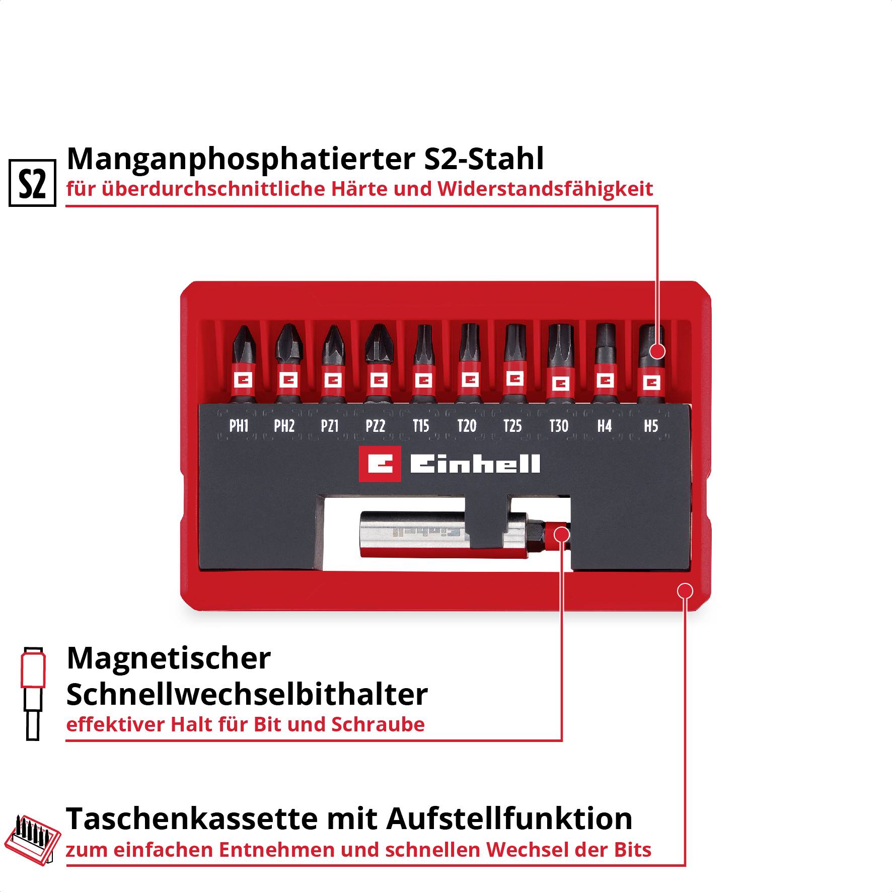 Satz magnetischer Schnellwechselbits mit robuster Stahlkassette. Beinhaltet verschiedene Bitgrößen für vielseitige Anwendungen.