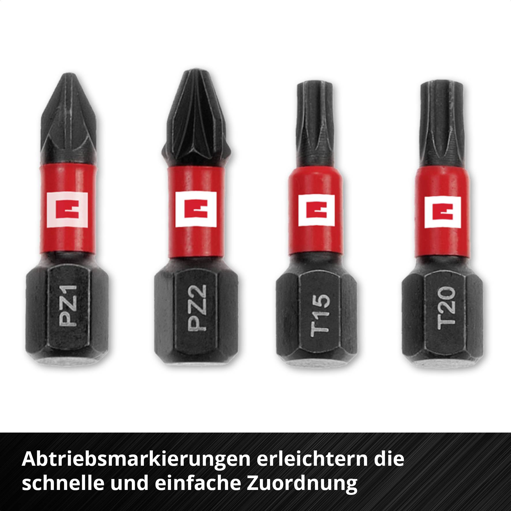 Drei schwarze Schraubendreher-Bits mit roten Abtriebsmarkierungen: PZ1, T15, T20. Markierungen erleichtern die Zuordnung.