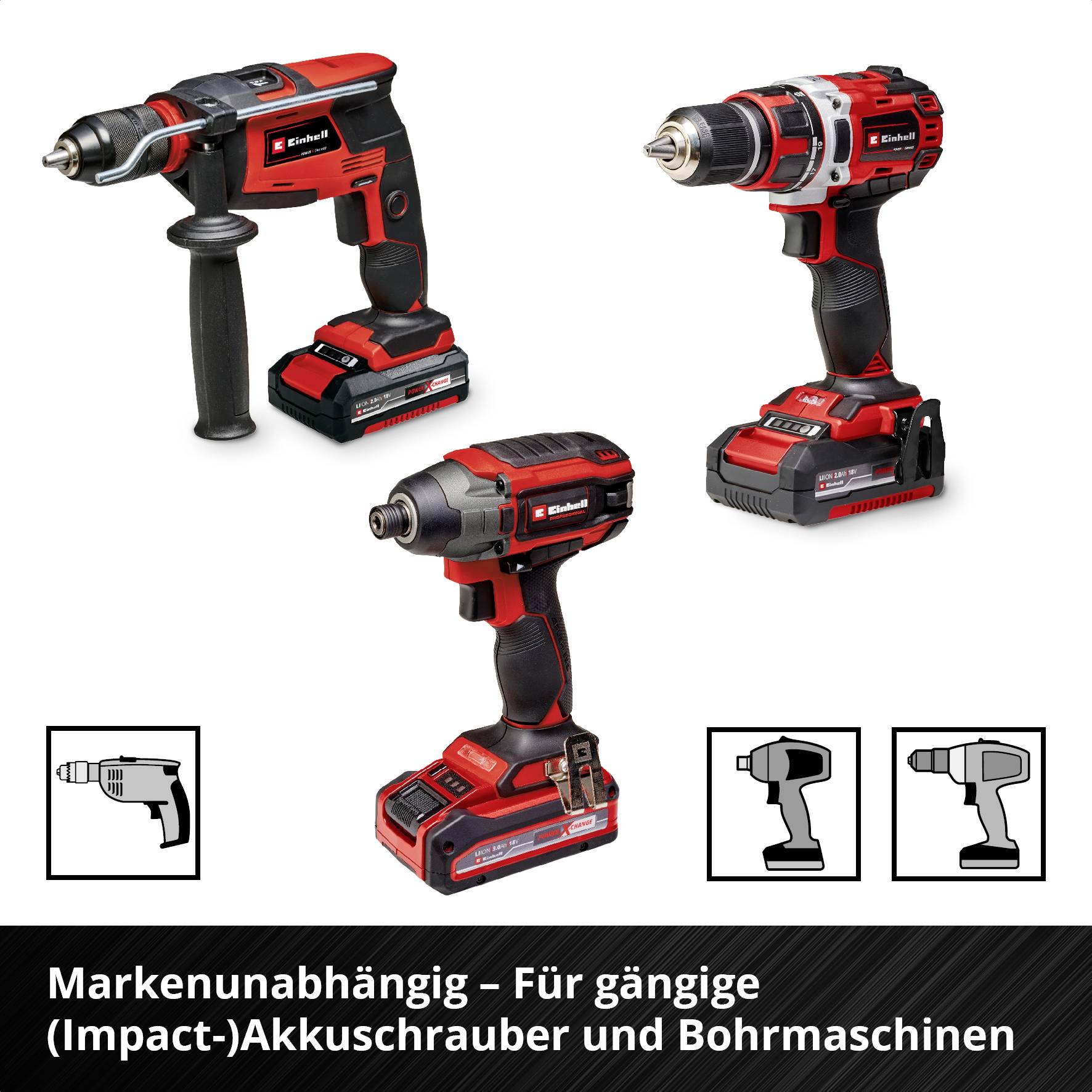 Drei rote Akku-Bohrschrauber in verschiedenen Designs. Text: Markenunabhängig – Für gängige (Impact-)Akkuschrauber und Bohrmaschinen.