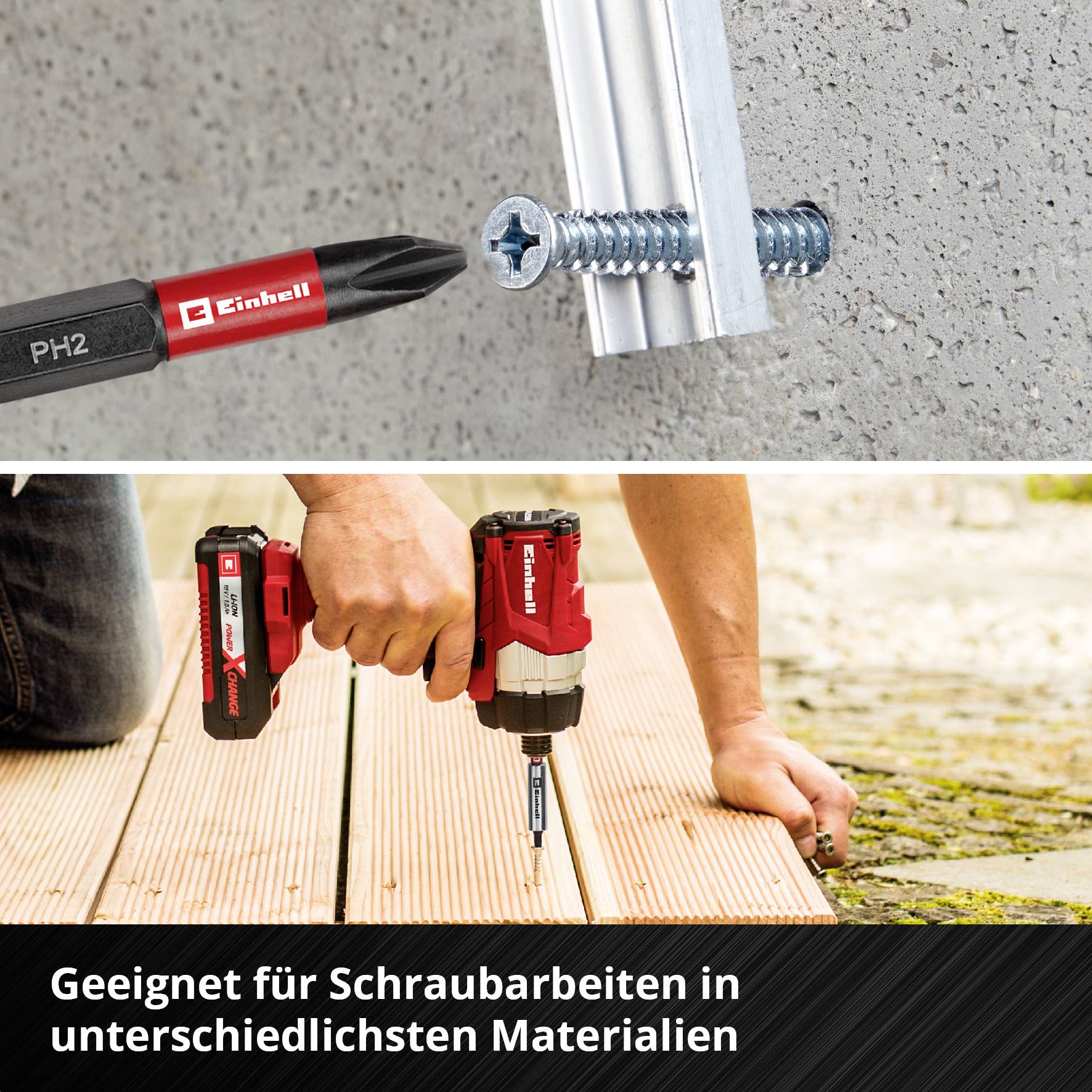 Oberes Bild: Schraube befestigt an Trockenbauwand. Unteres Bild: Person verwendet Einhell-Elektrowerkzeug auf Holzplatte.