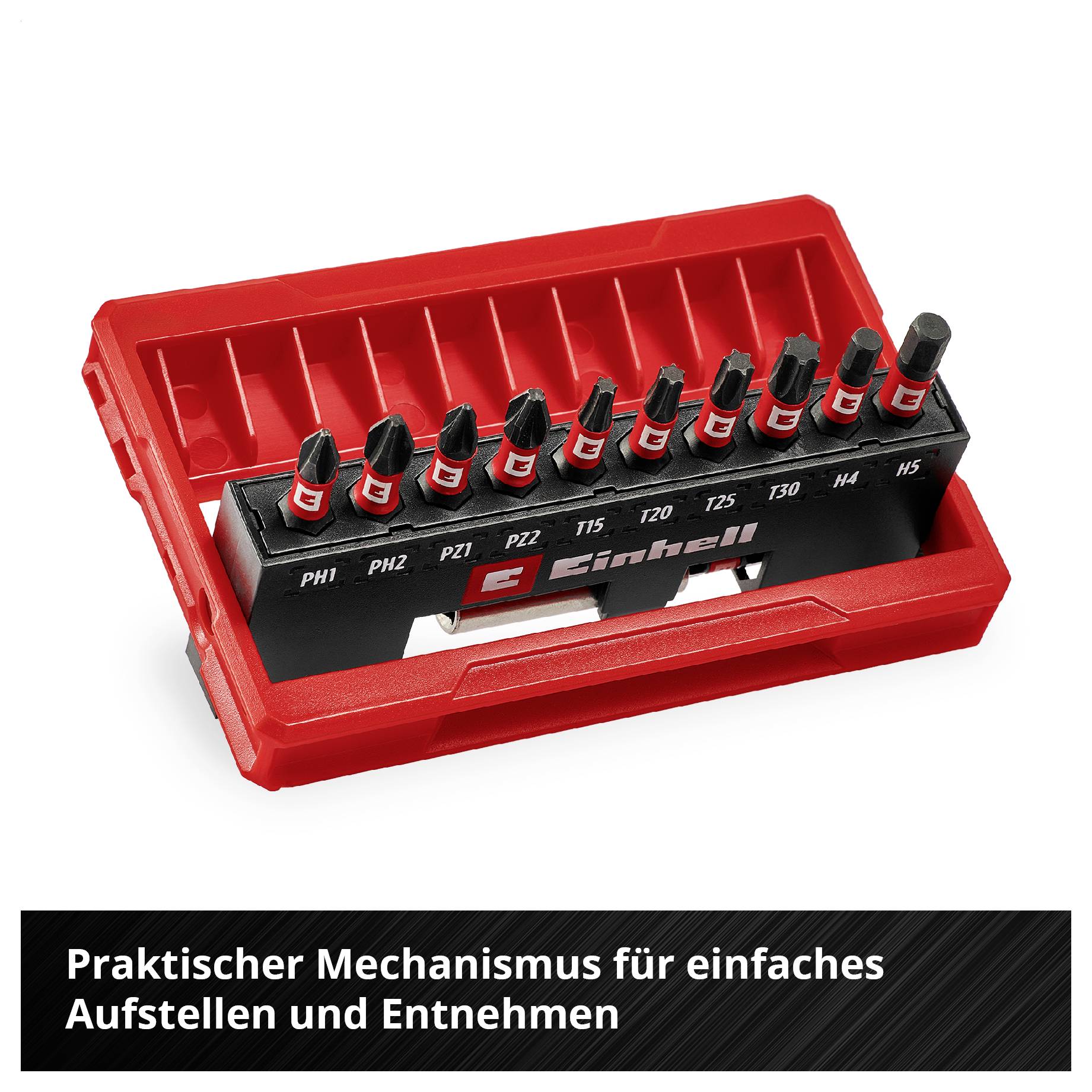 Bit-Set in einer roten Halterung, zehn schwarze Bits mit Beschriftung von PH1 bis H5. Text: 'Praktischer Mechanismus für einfaches Aufstellen und Entnehmen'.