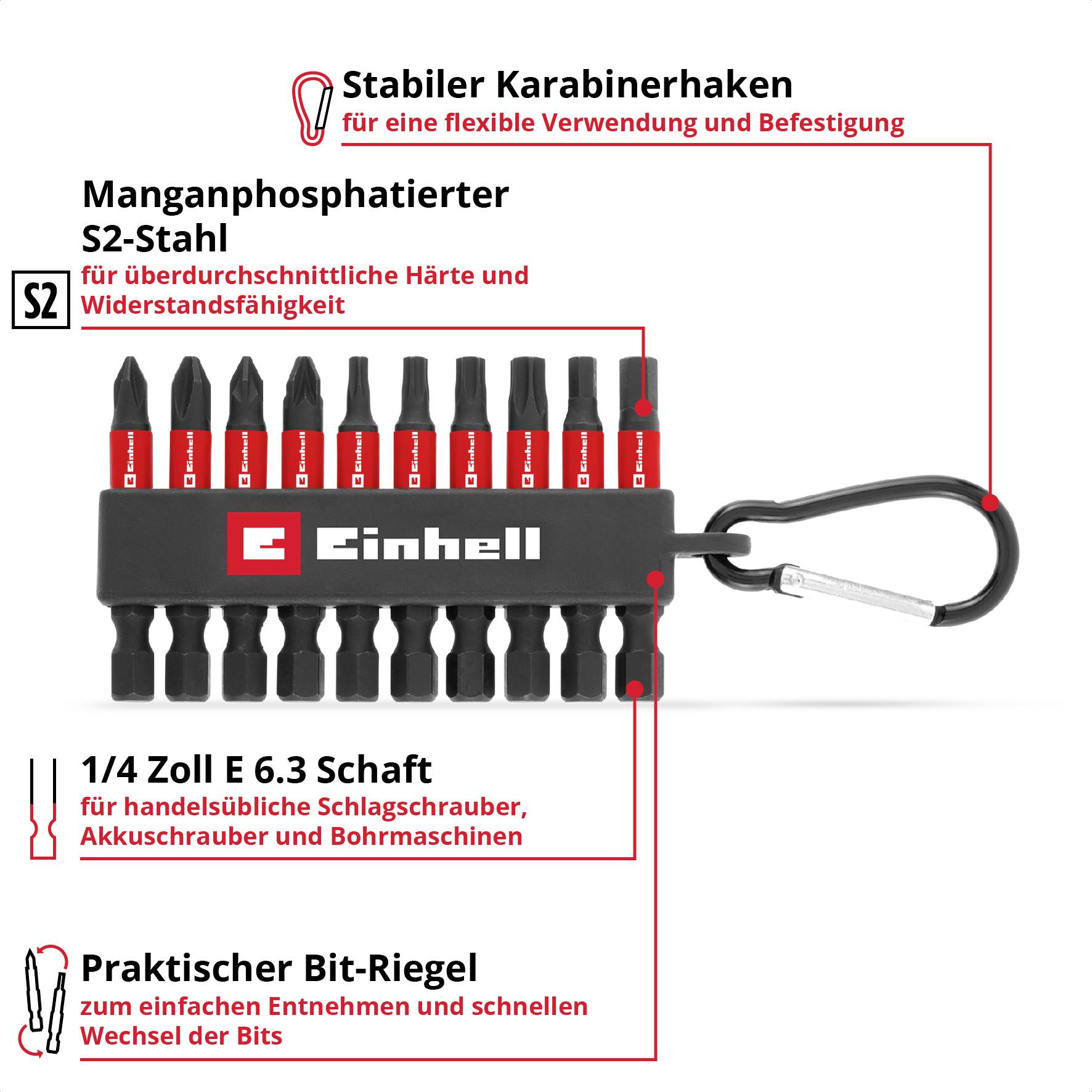 'Stabiler Karabinerhaken für flexible Verwendung und Befestigung', Set mit Bits, manganphosphatiertem S2-Stahl, 'Einhell'.