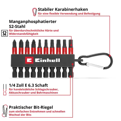 Einhell Karabiner Impact Bit Set 10tlg 118633 Bit-Set 1/4" (6.3 mm), PH, PZ, TORX, Sechskant Einhell Karabiner Impact Bit Set 10tlg 118633 Bit-Set 1/4" (6.3 mm), PH, PZ, TORX, Sechskant