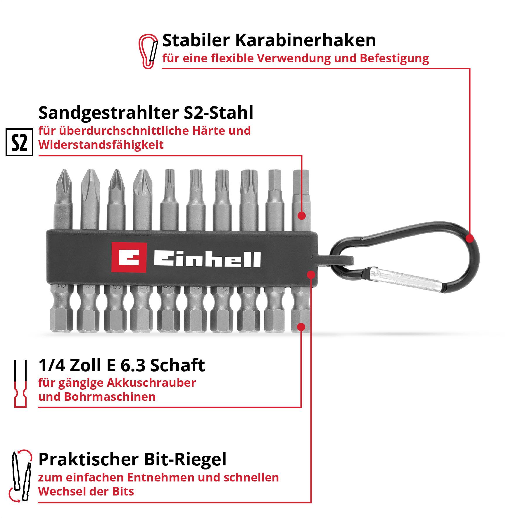 Einhell Karabiner Bit Set 10tlg 118623 Bit-Set 1/4" (6.3 mm), PH, PZ, TORX, Sechskant