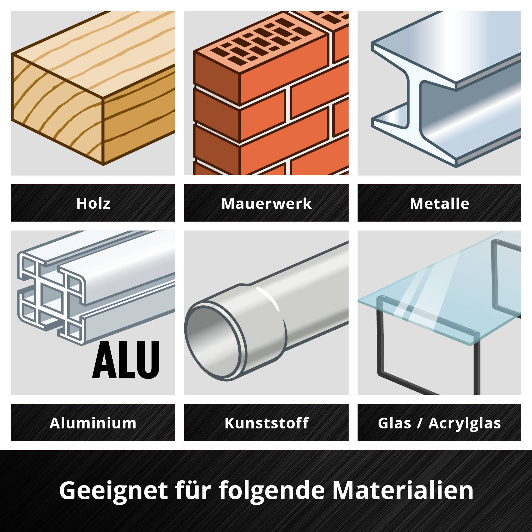 Holz, Mauerwerk, Metalle, Aluminium, Kunststoff und Glas/Acrylglas sind die Materialien, für die das Produkt geeignet ist.