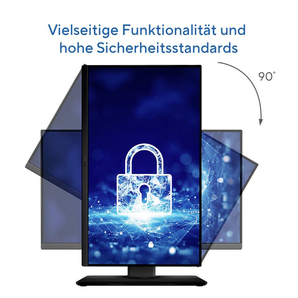 Ein Computermonitor mit einem Schloss-Symbol auf dem Bildschirm, der die Sicherheit symbolisiert. Der Monitor dreht sich 90 Grad, um seine Vielseitigkeit zu demonstrieren.