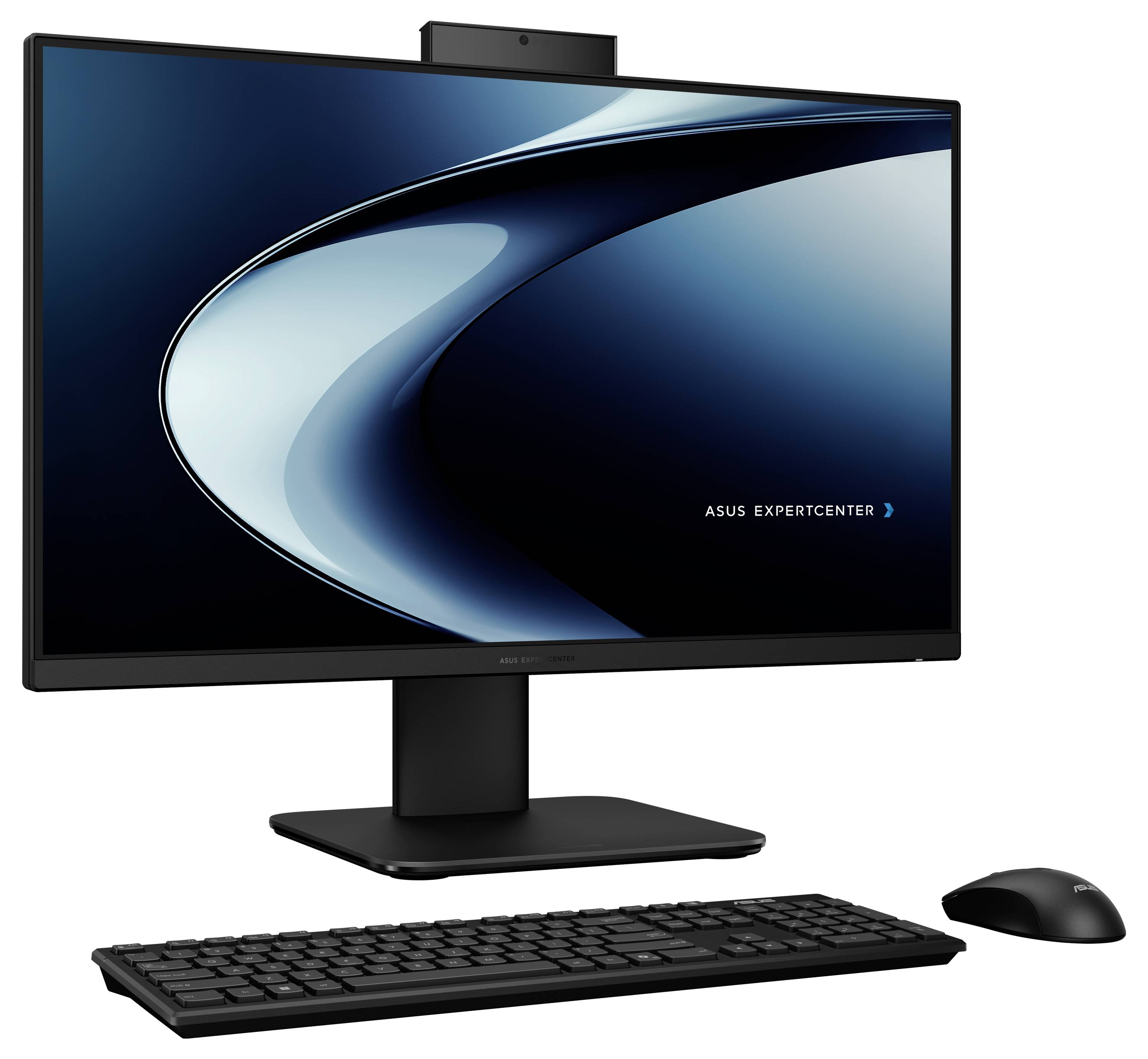 Eine Computereinrichtung mit einem Monitor, der einen dunkelblau abstrakten Hintergrund und den Text 