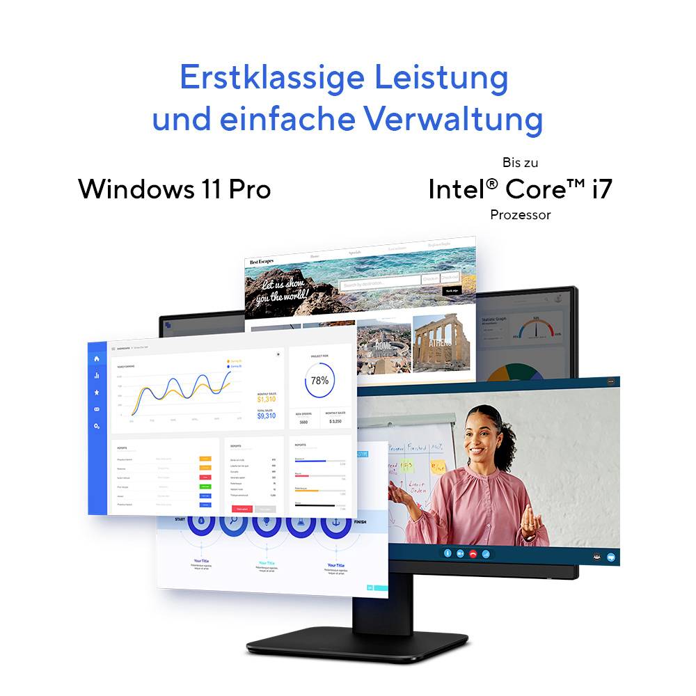 Eine Reihe von Computerbildschirmen zeigt Daten und eine Frau, die präsentiert. Der Text liest sich: 