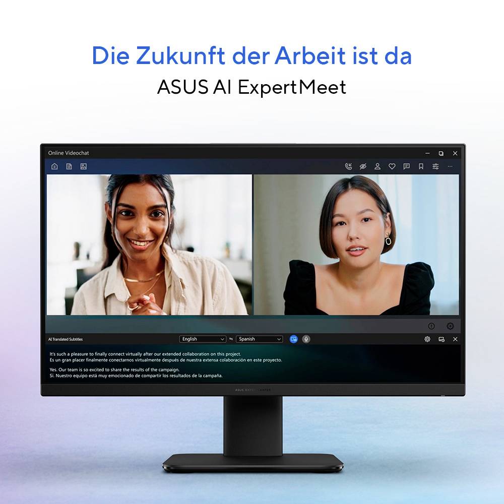 Ein Monitorbildschirm zeigt einen Videoanruf zwischen zwei Personen. Der Text lautet 