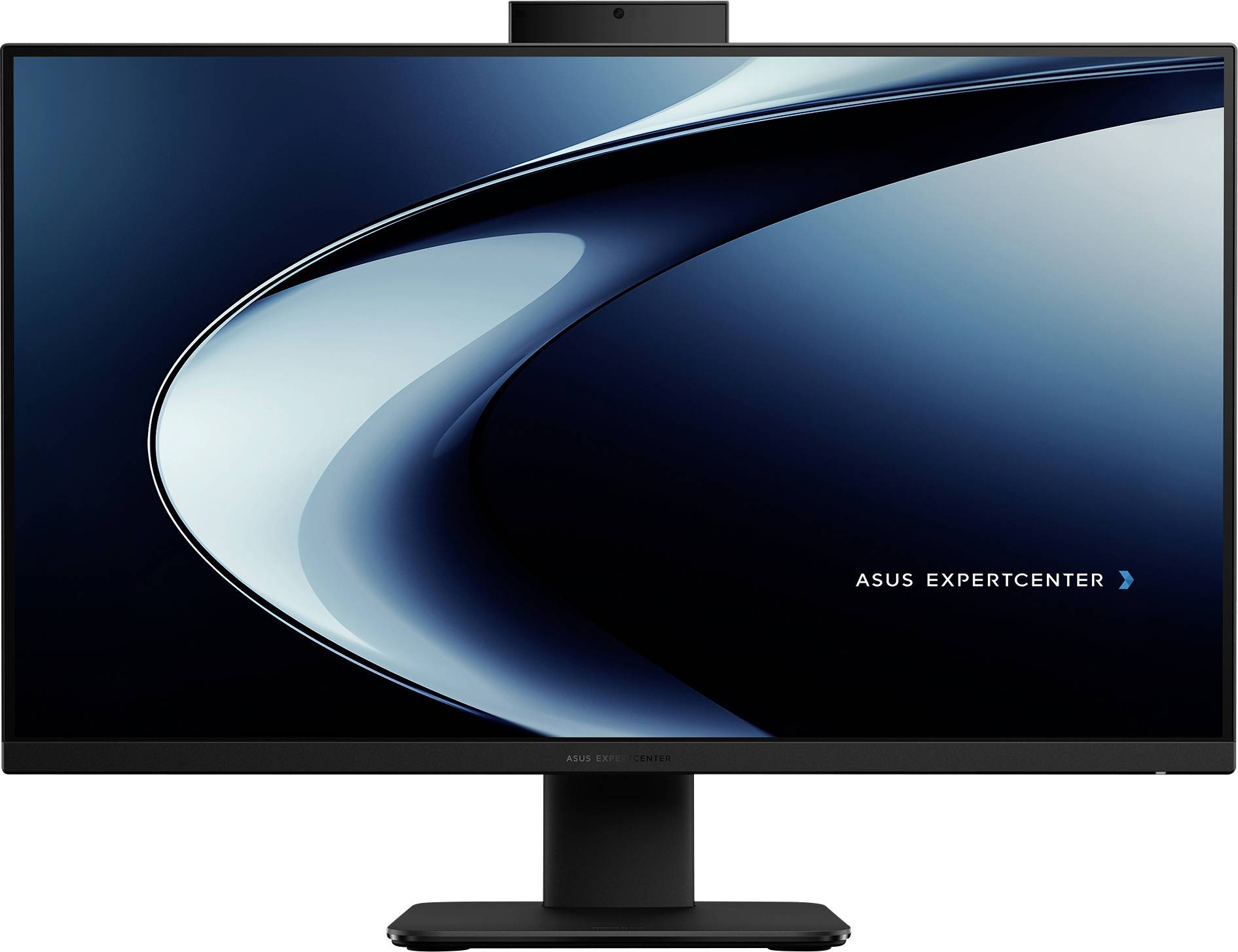 ASUS ExpertCenter-Monitor, der ein elegantes schwarzes und blaues Wirbelmuster auf dem Bildschirm zeigt, mit dem Markennamen, der auf der rechten Seite sichtbar ist.