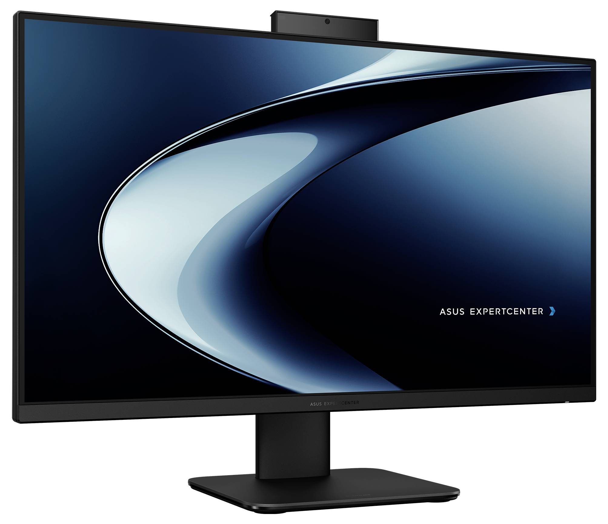 Ein Monitor mit elegantem Design und gekrümmtem Bildschirm, beschriftet mit 'ASUS ExpertCenter'. Der Hintergrund ist ein blauer Gradient.