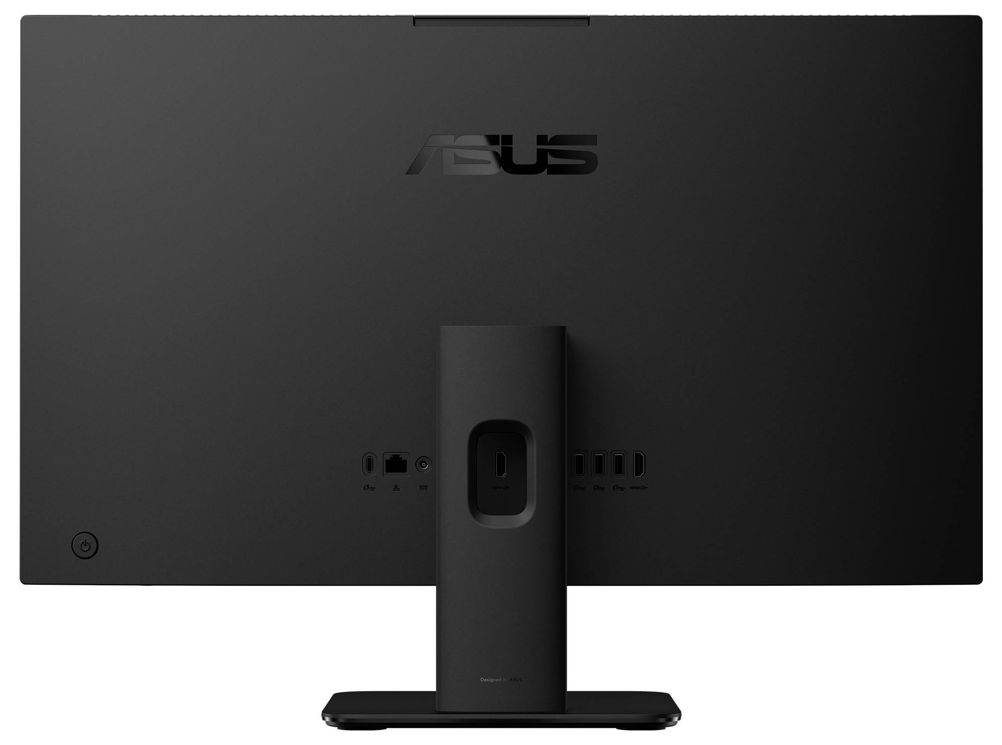 Ein schwarzer Computermonitor, von hinten betrachtet, der Anschlüsse und einen Standfuß zeigt, mit sichtbarem 'ASUS' Logo.