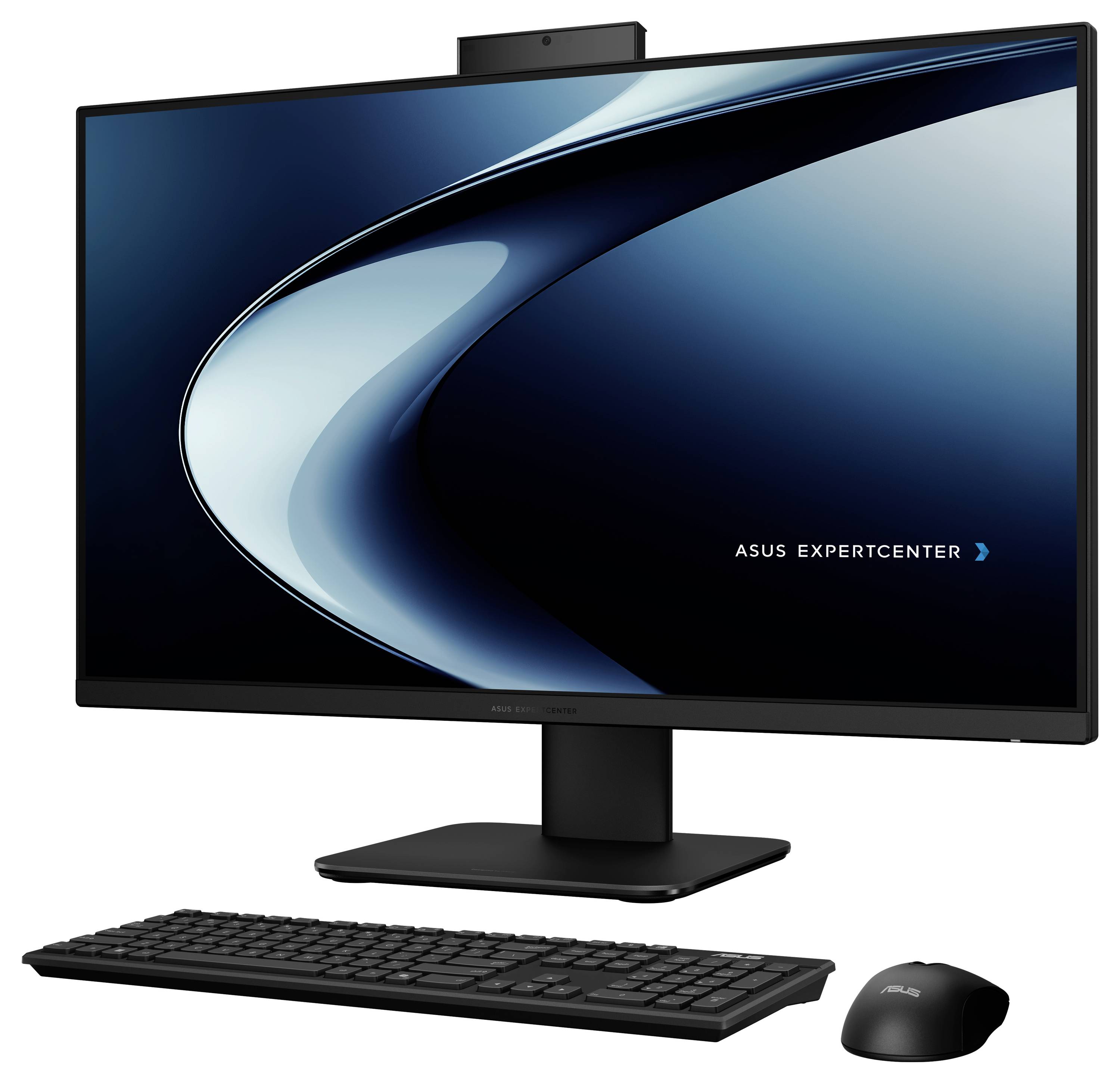 Eine moderne Desktop-Computer-Konfiguration mit einem Breitbildmonitor, auf dem das Logo des 'ASUS ExpertCenter' angezeigt wird, einer Tastatur und einer drahtlosen Maus.