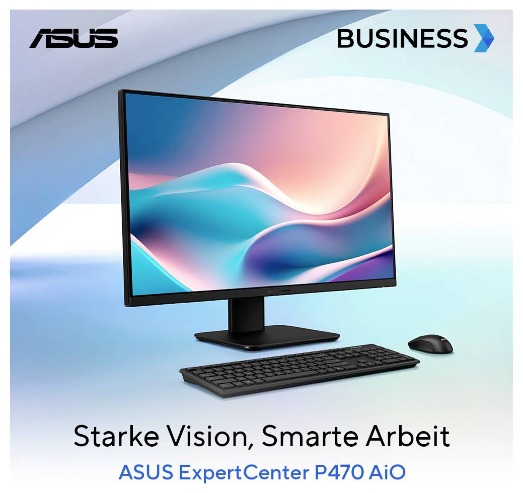 Ein Computeraufbau mit einem Flachbildschirm, der bunte abstrakte Wellen zeigt, sowie einer Tastatur und einer Maus. Der Text lautet: „Starke Vision, Smarte Arbeit, ASUS ExpertCenter P470 AiO