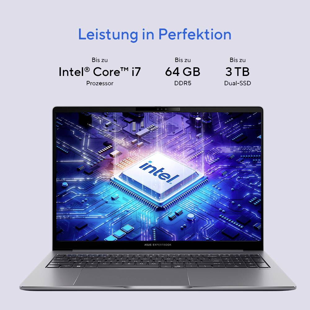 Ein Laptop mit 'Intel Core i7' Prozessor, 64 GB DDR5 RAM und 3 TB Dual-SSD wird auf dem Bildschirm angezeigt, Text darüber liest sich 