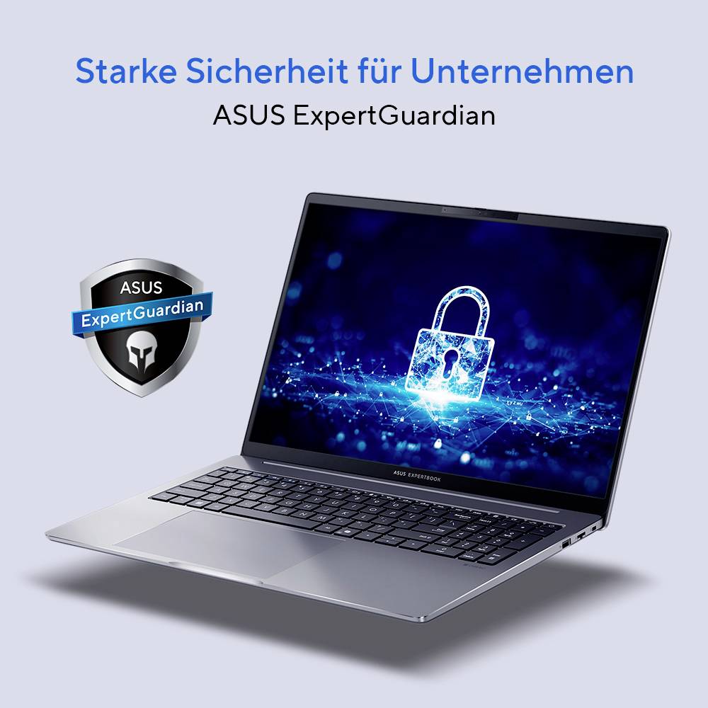 Ein Laptop, der ein Schloss auf seinem Bildschirm zeigt und damit Sicherheit symbolisiert, mit dem Text 'Starke Sicherheit für Unternehmen' und 'ASUS ExpertGuardian.'