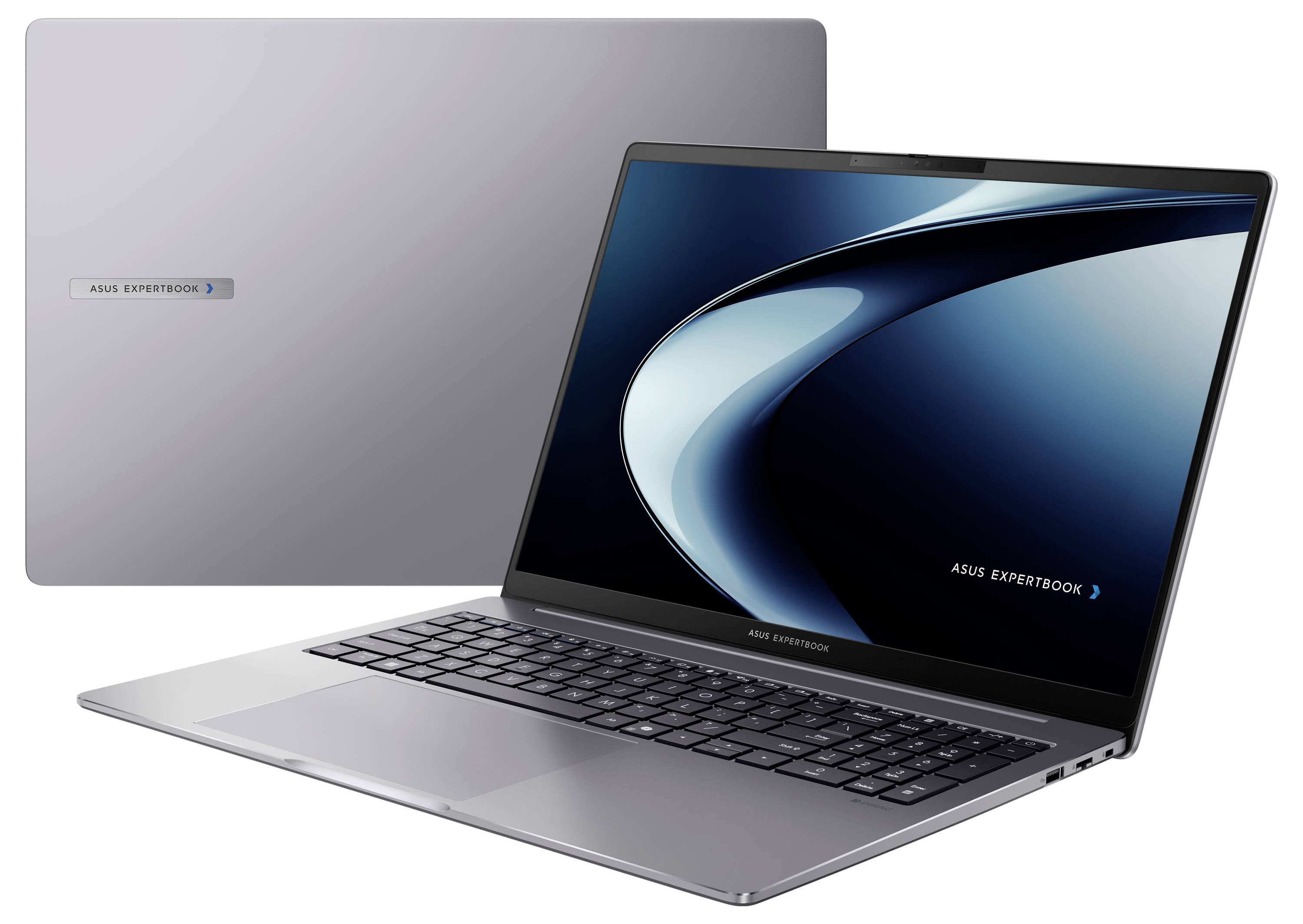Ein silberner ASUS ExpertBook Laptop mit elegantem Design, dünnem Bildschirm und vollständiger Tastatur. Der Bildschirm zeigt eine abstrakte blaue Welle.