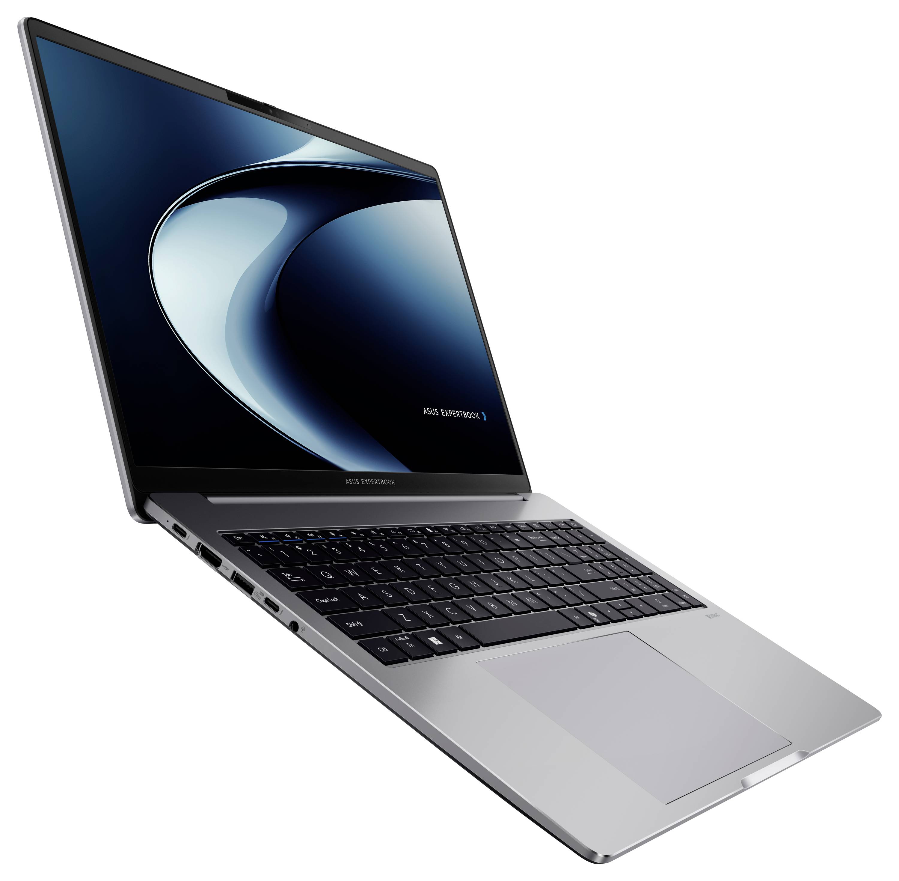 Silberner Laptop in einem leichten Winkel geöffnet, der ein schlankes Design und eine sichtbare Tastatur zeigt. Der Bildschirm präsentiert einen dunklen, abstrakten Hintergrund.