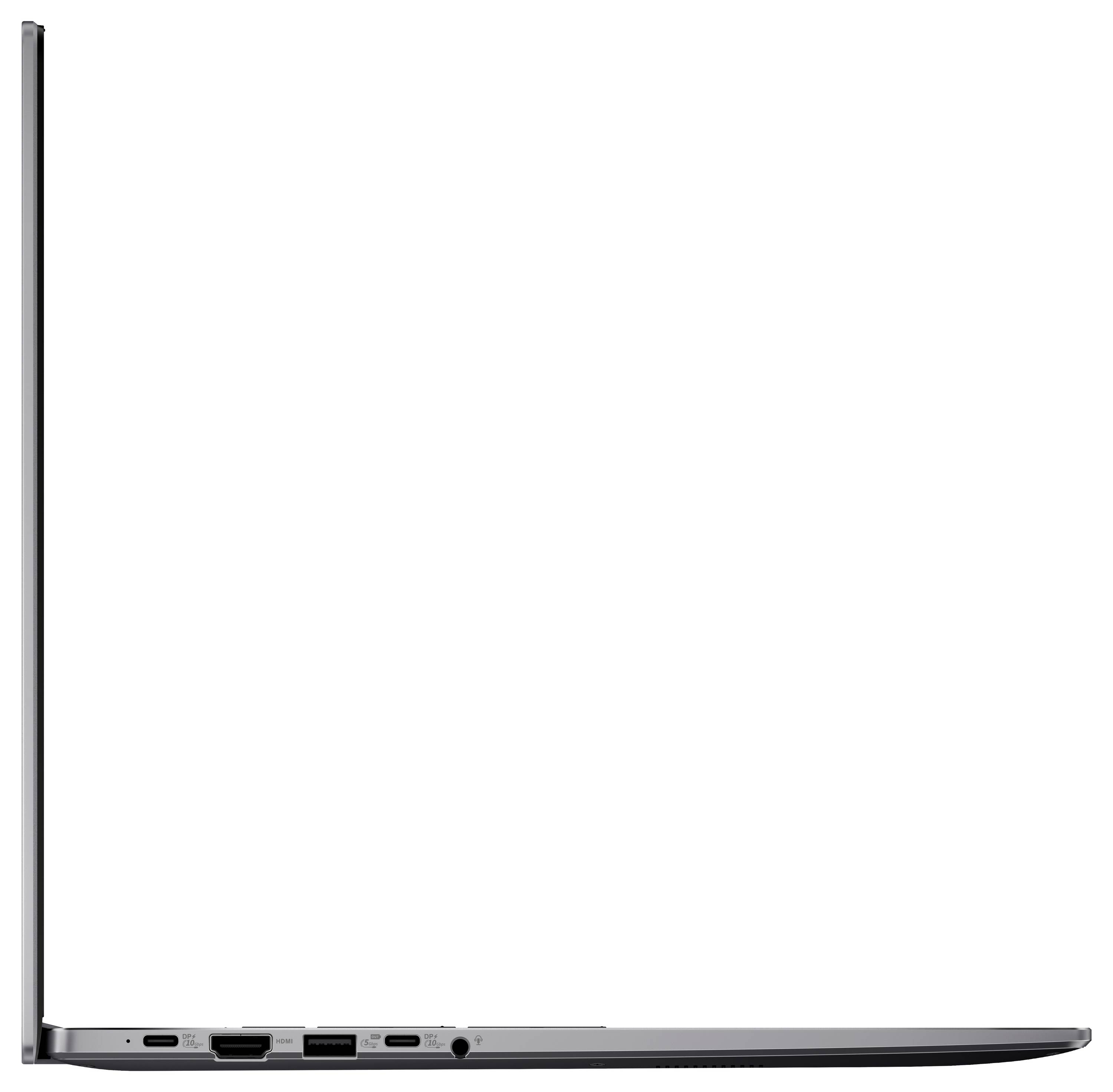 Seitenansicht eines geöffneten, dünnen Laptops, der sein schlankes Design und die Sichtbarkeit der Anschlüsse auf der linken Seite zeigt.