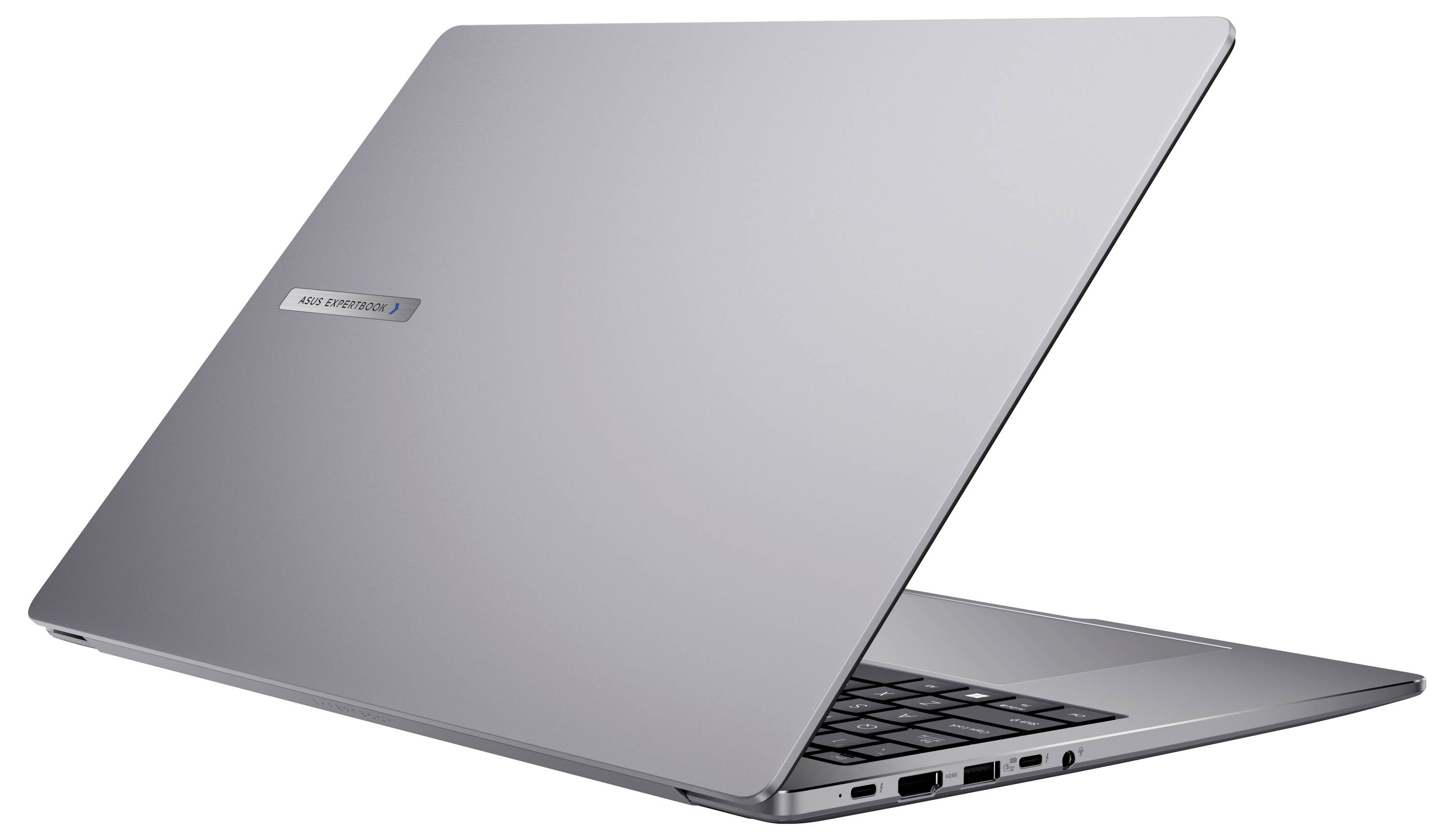 Ein offener, schlanker silberner Laptop, von der hinteren rechten Ecke aus gesehen, mit seitlichen Anschlüssen und schwarzer Tastatur.