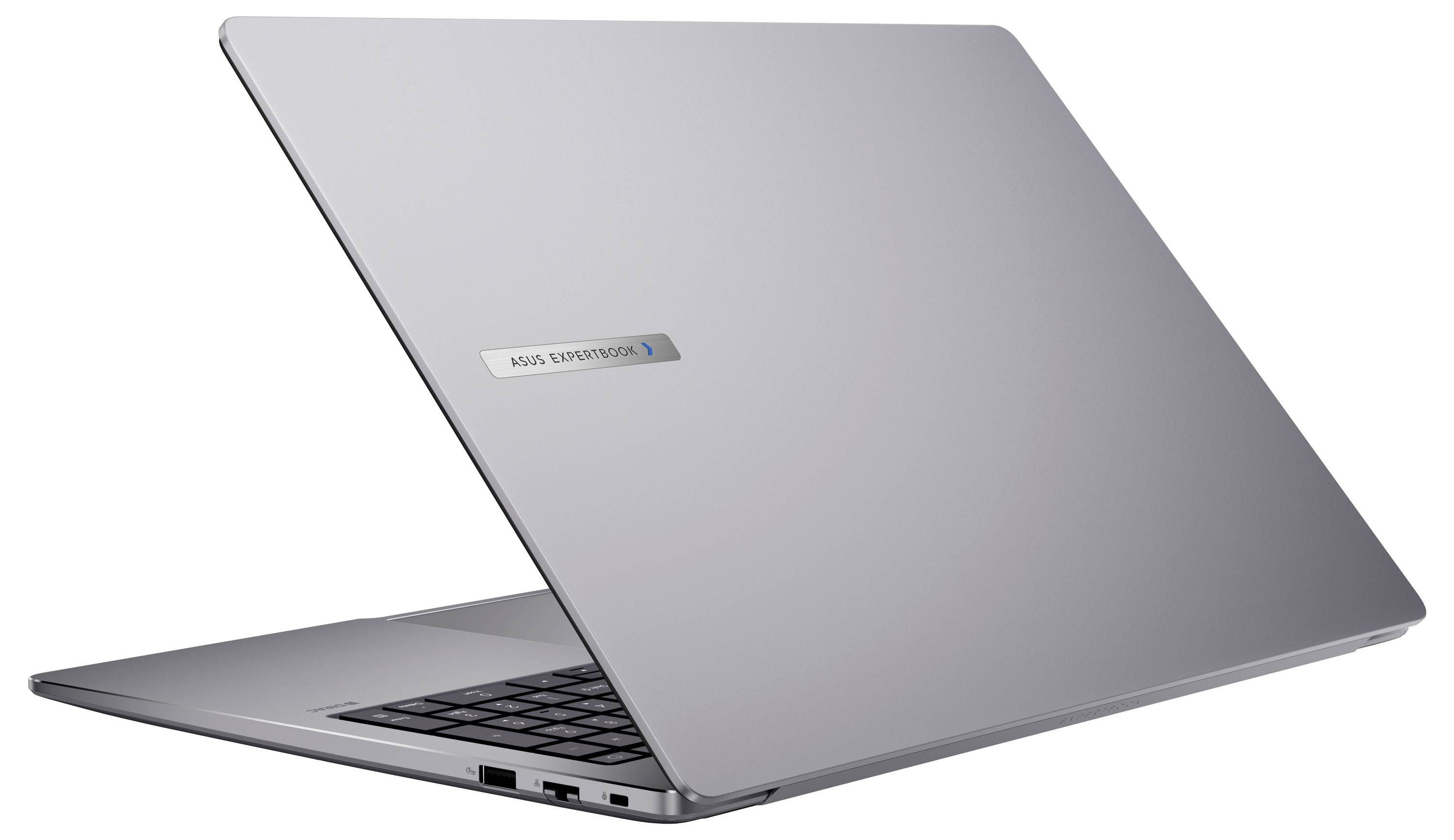 Silberner Laptop leicht geöffnet, der ein schlankes Design zeigt mit einem ASUS-Logo, das auf dem Deckel sichtbar ist.