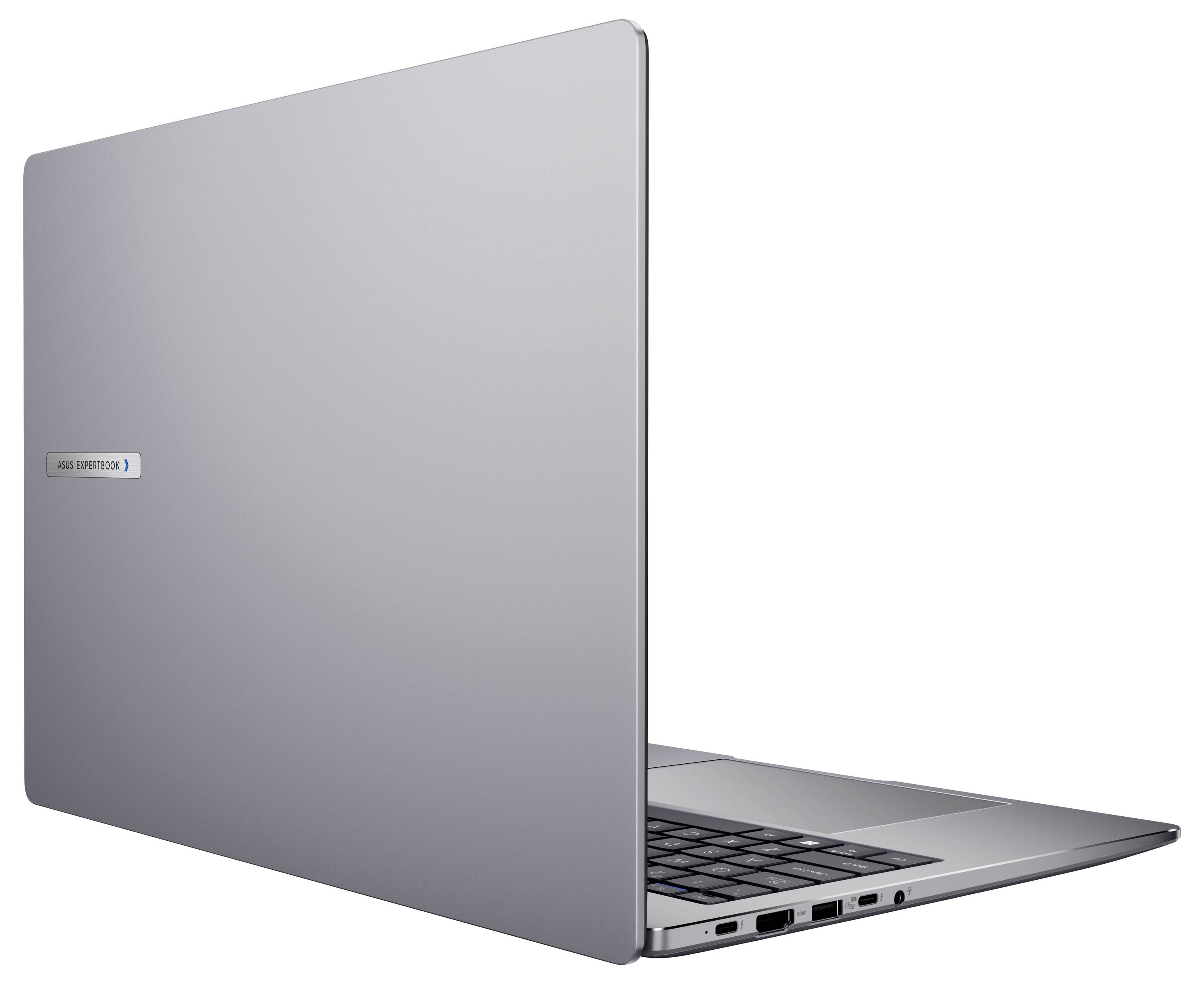 Schlanker silberner Laptop, so positioniert, dass die Rückseite zu sehen ist, mit einem schmalen Design und mehreren Anschlüssen an der Seite.