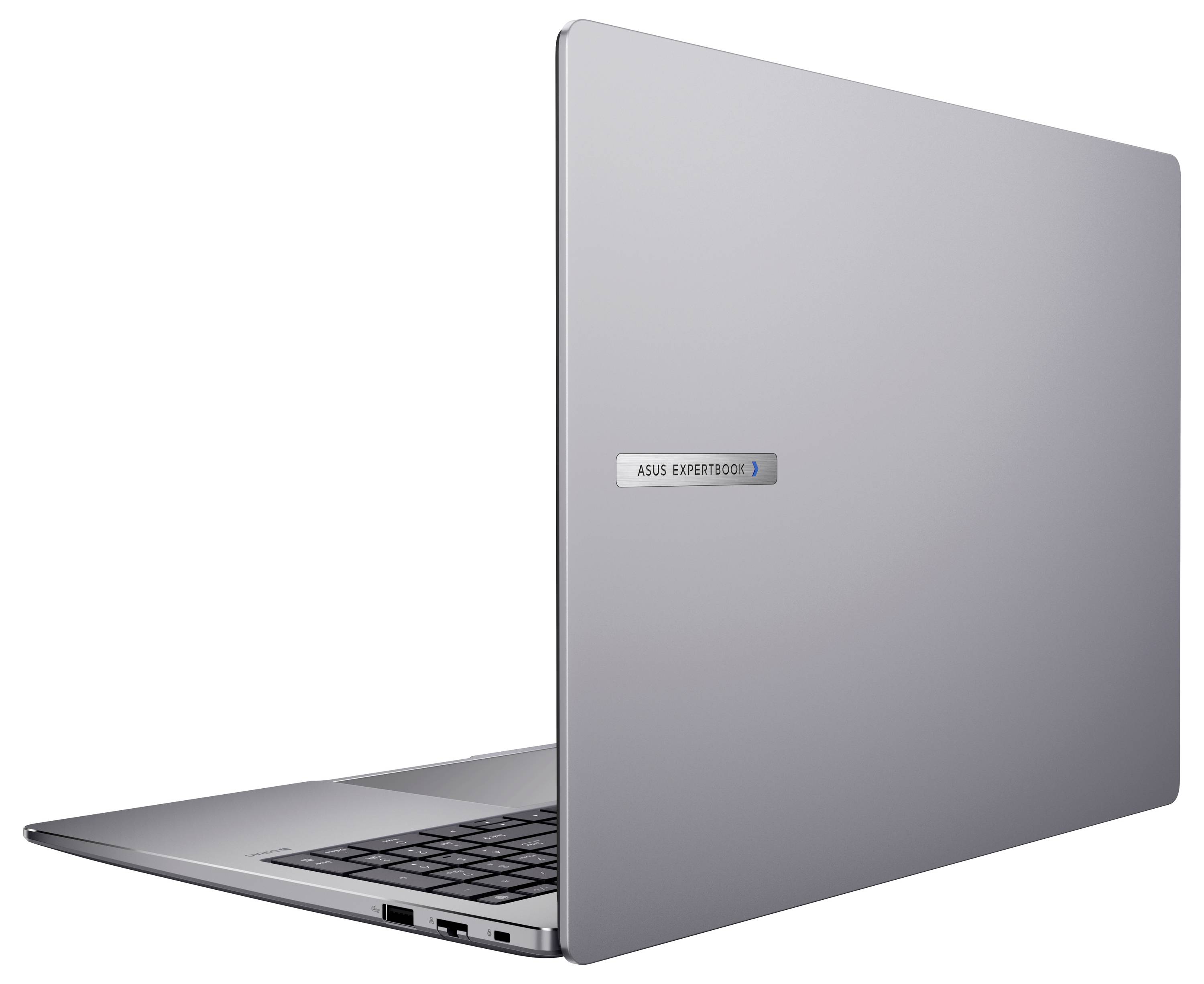 Ein silberner Laptop mit 'ASUS ExpertBook' Branding auf dem Deckel, von hinten und der Seite betrachtet, der sein schlankes Design und die geöffnete Tastatur präsentiert.