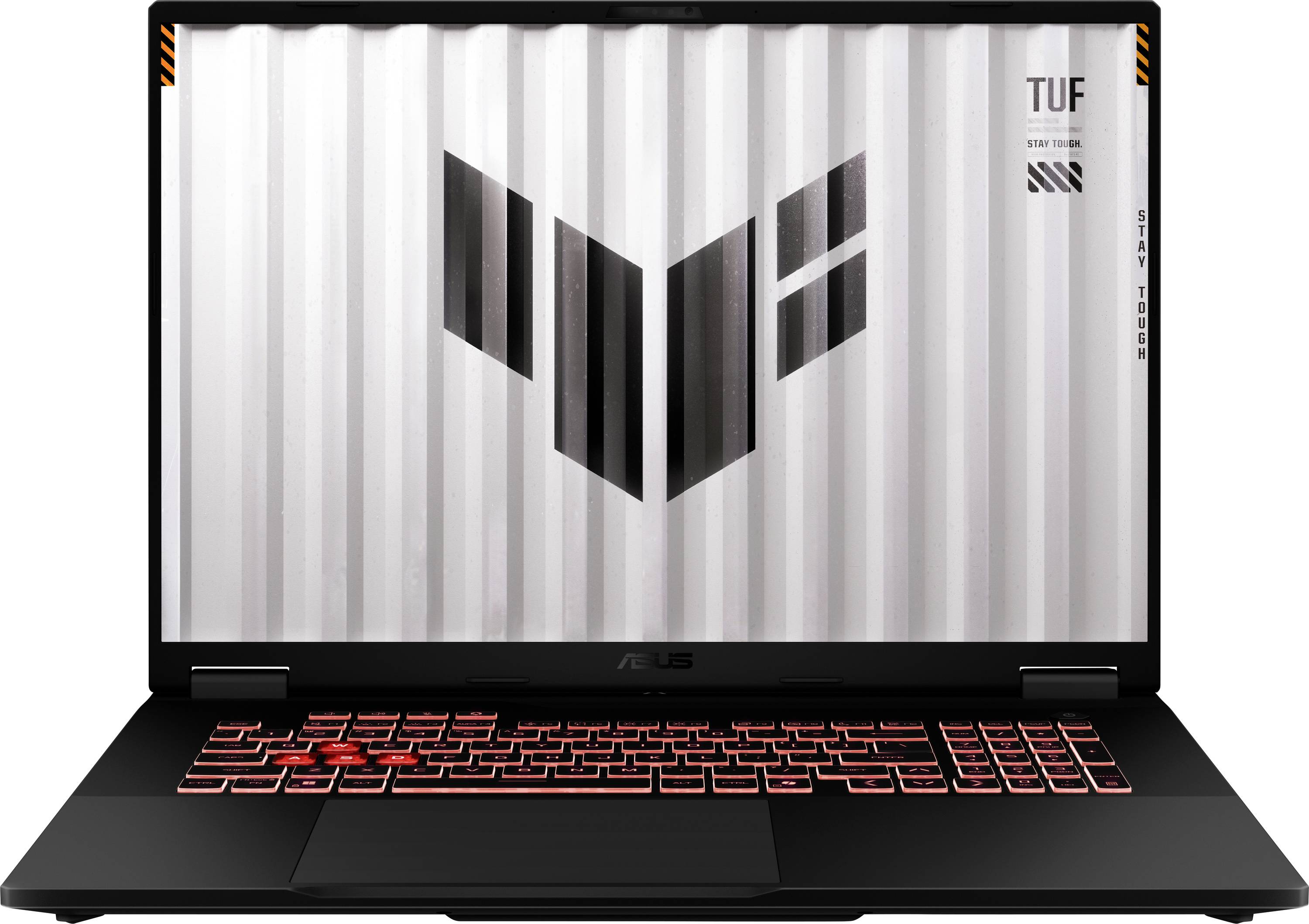 Ein Laptop mit einer rot hintergrundbeleuchteten Tastatur und einem Bildschirm, auf dem ein stilisiertes Logo und der Text ‚TUF' zu sehen sind. Der Laptop wirkt robust und langlebig.