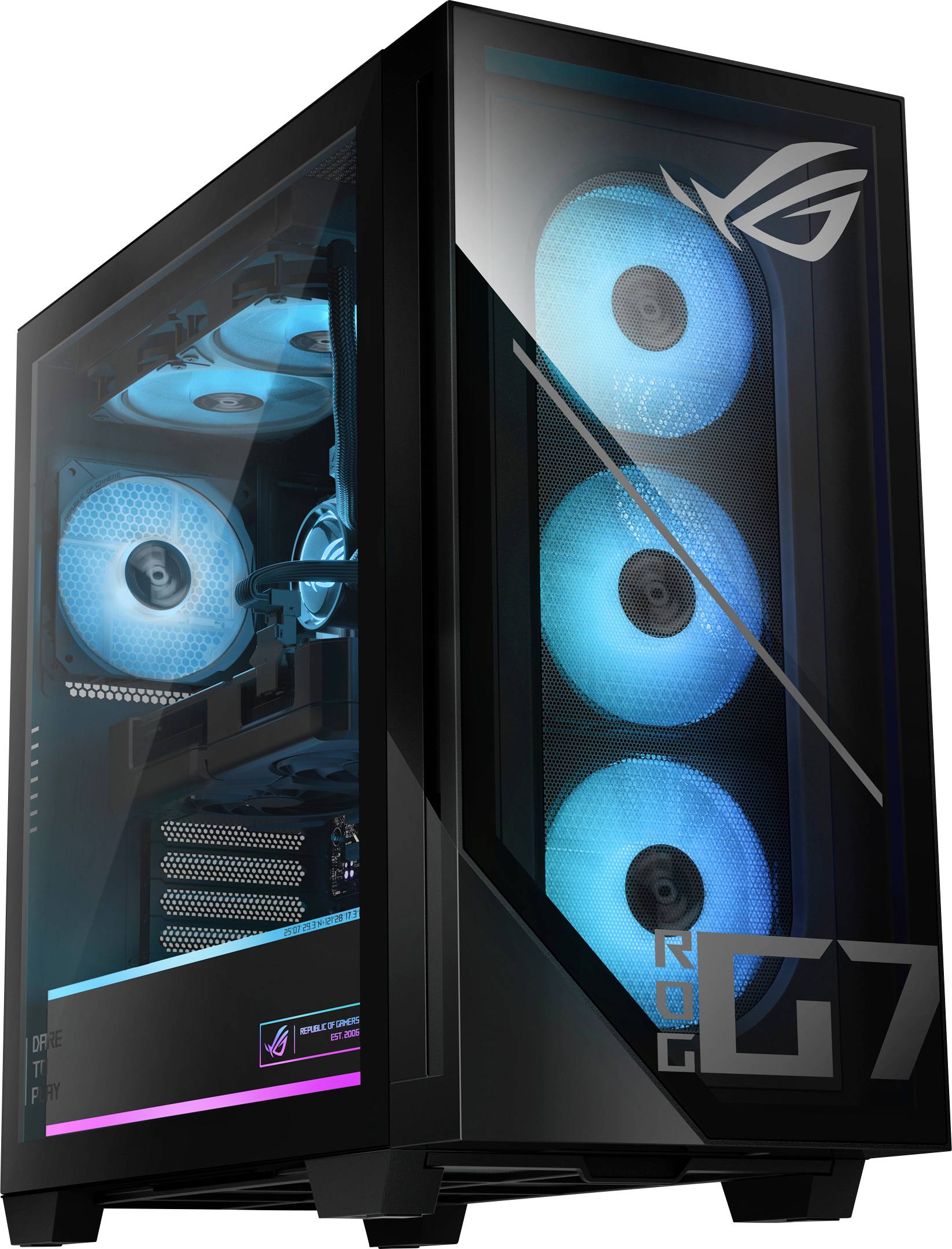 Ein Gaming-PC-Gehäuse mit blauen LED-Lüftern, die durch ein transparentes Seitenpanel sichtbar sind, mit den ROG- und G7-Logos an der Vorderseite.