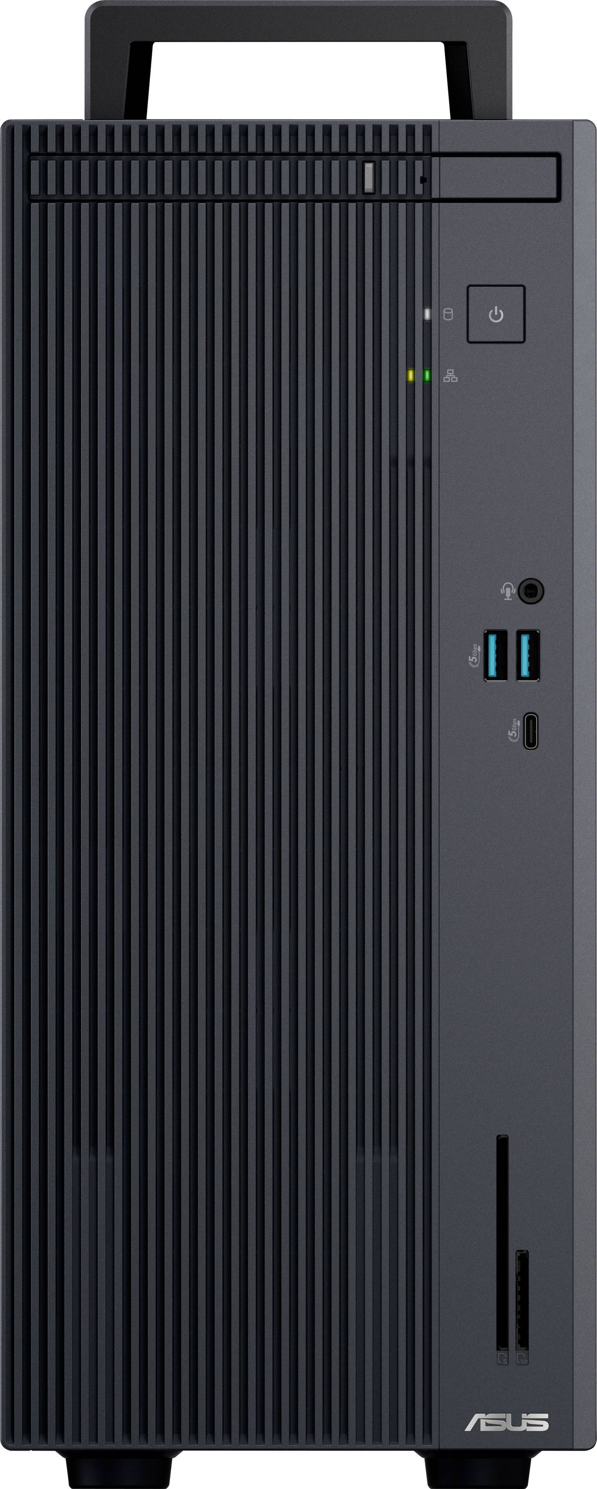 Ein schwarzer ASUS-Desktop-Tower mit vertikaler gerippter Konstruktion, ausgestattet mit einem Powerknopf, USB-Anschlüssen und einer Kopfhörerbuchse auf dem Frontpanel.