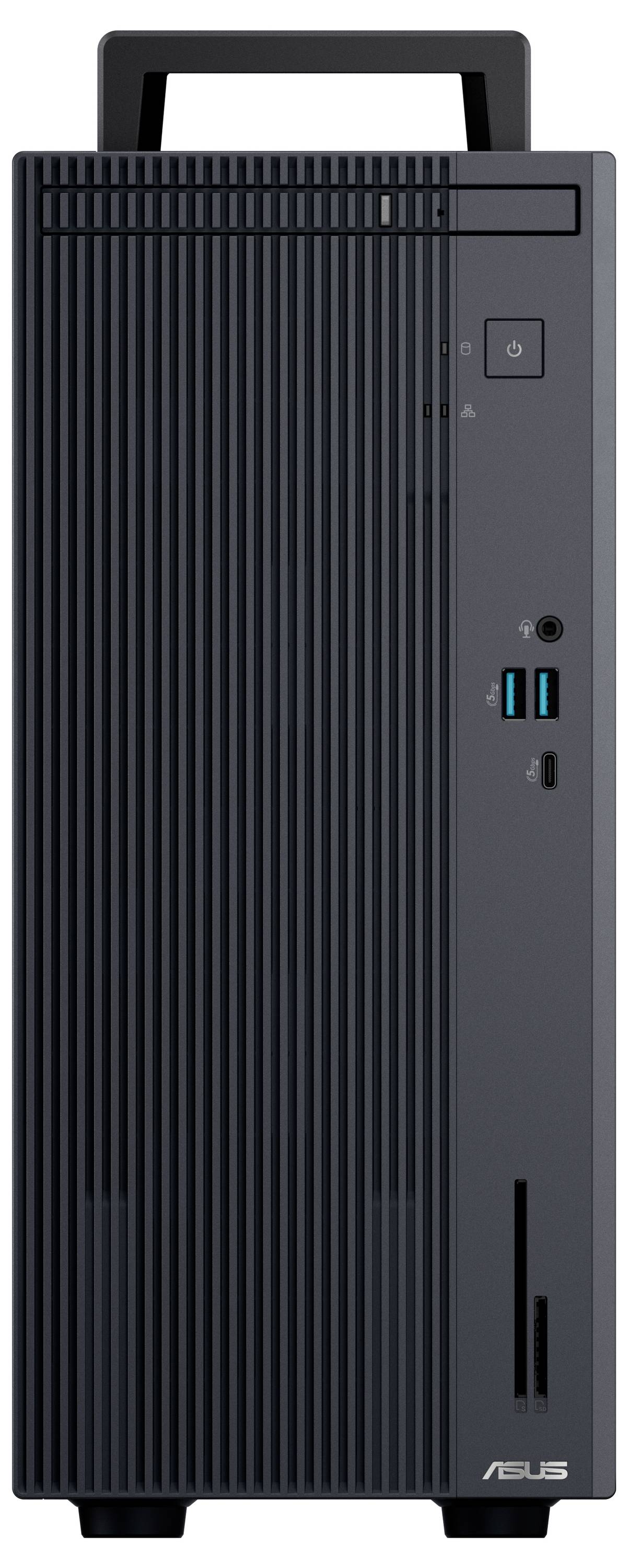 Ein schwarzer ASUS-Desktop-Computerturm mit vertikaler Streifendesign, ausgestattet mit USB-Anschlüssen, Audiobuchsen und einem Einschaltknopf an der Vorderseite.