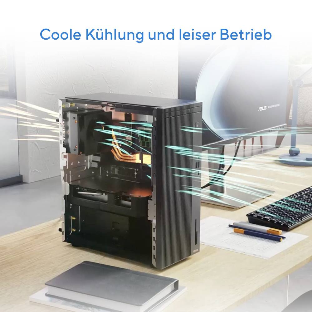 Ein Computergehäuse mit sichtbaren Innenkomponenten und Luftströmungslinien, die Kühlung und leisen Betrieb veranschaulichen; Text 'Coole Kühlung und leiser Betrieb' darüber.