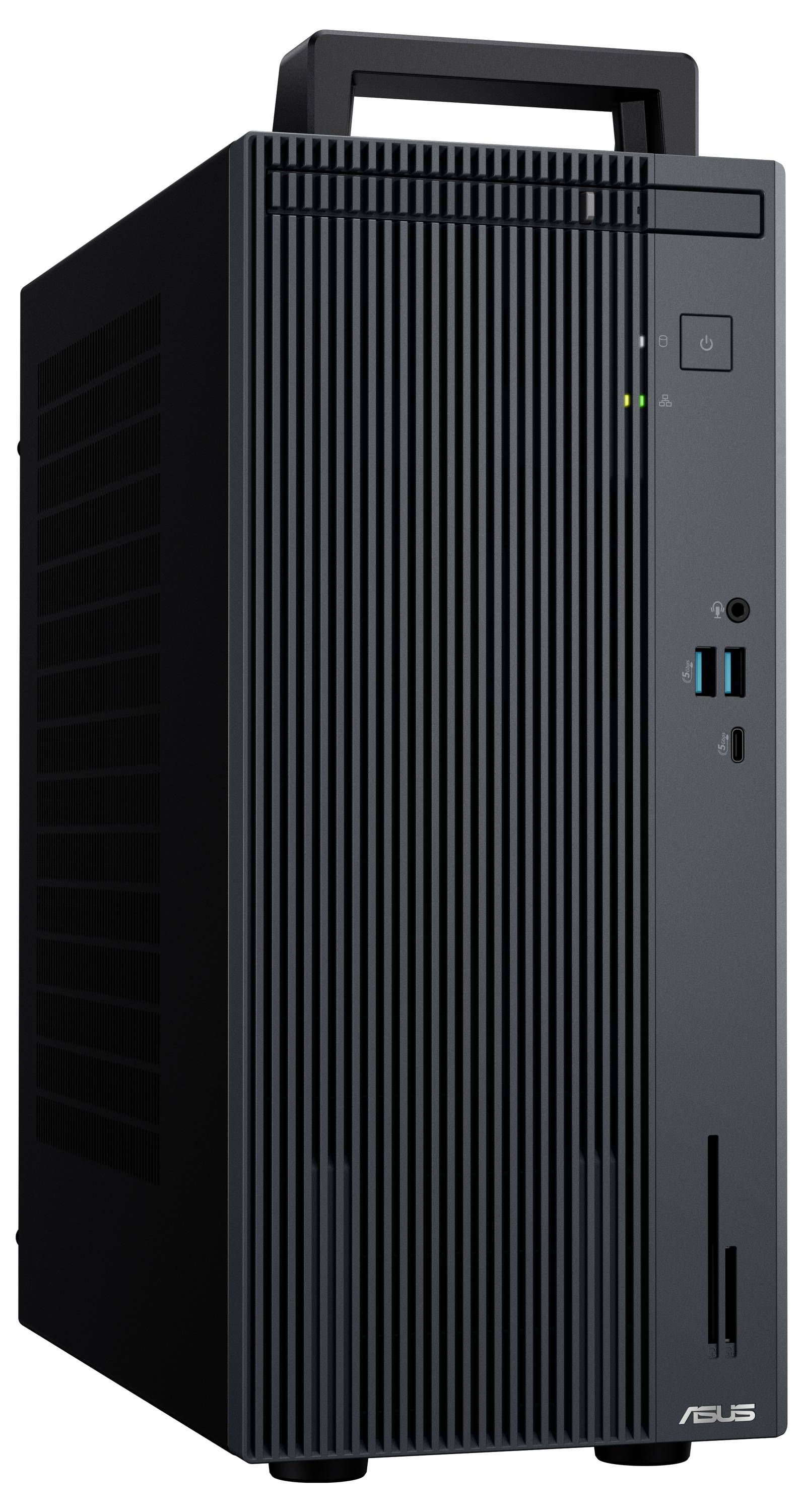 Ein schwarzer Desktop-Computerturm mit einem Griff oben, ausgestattet mit einem gemusterten Frontpanel, USB-Anschlüssen, Einschaltknopf und Markenlogogo.