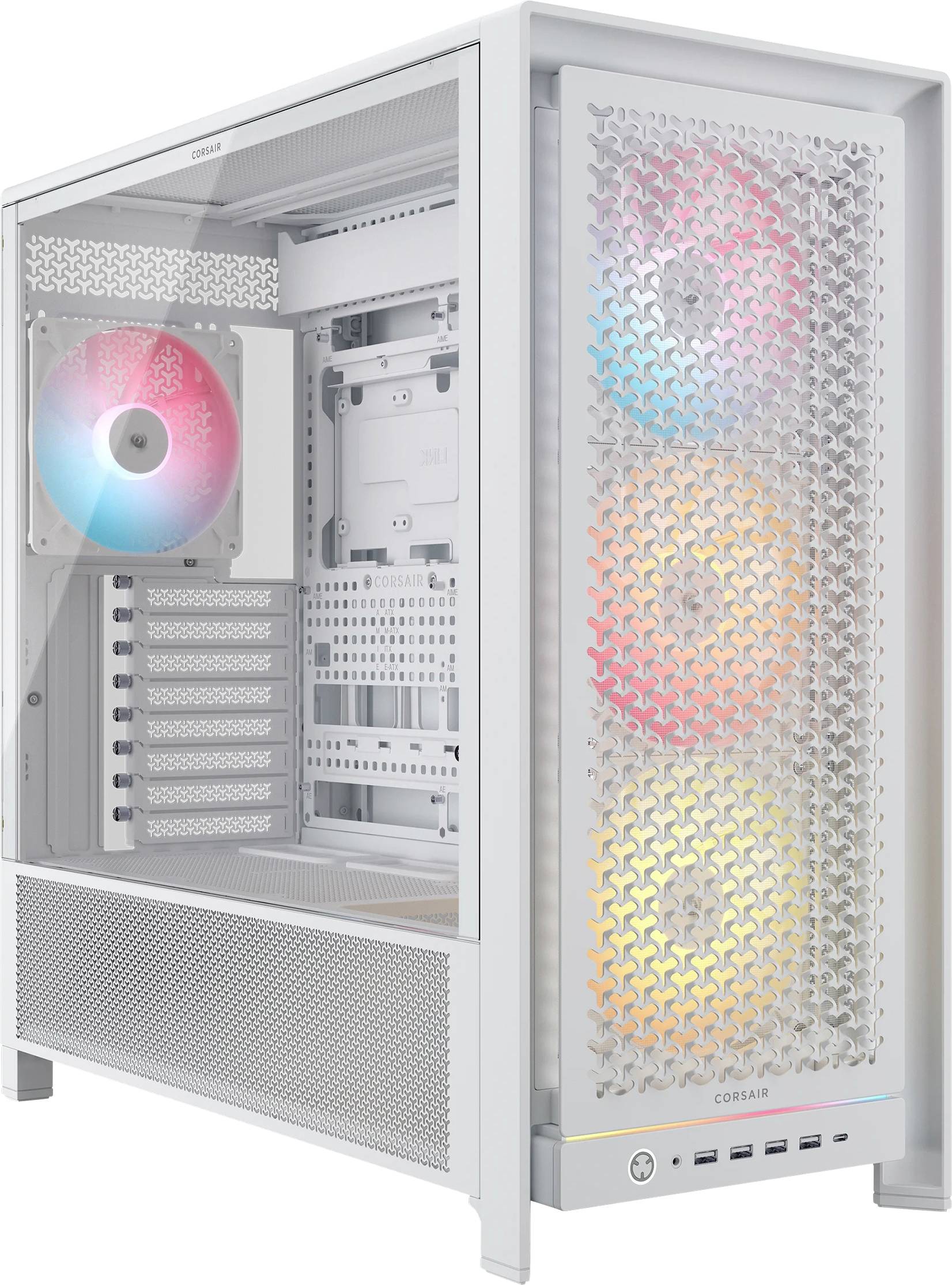 Ein weißes Computergehäuse mit sichtbaren RGB-Lüftern und transparenter Seitenscheibe. Das Gehäuse ist leer und zeigt Steckplätze für Komponenten und Anschlüsse.