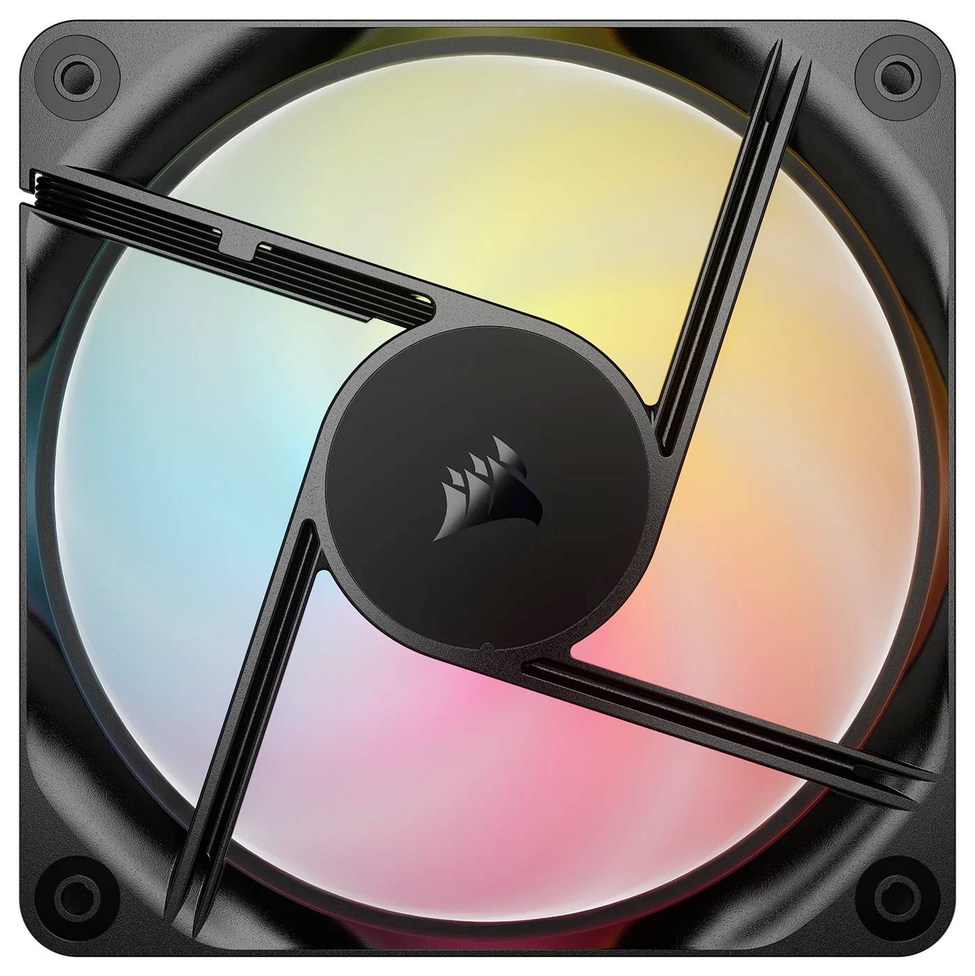 Ein Computerlüfter mit drei schwarzen Rotorblättern und einem zentralen Logo, beleuchtet von einem Spektrum an Farben, darunter Rot, Blau und Grün.