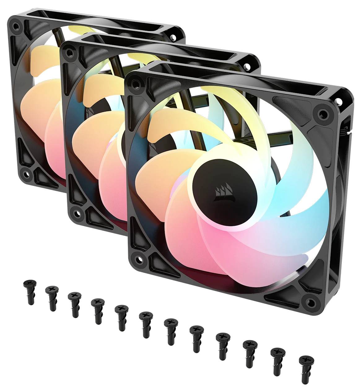 Drei RGB-Computerventilatoren mit bunten LED-Lichtern, jeweils mit schwarzem Rahmen und kreisförmigem Design, inklusive Befestigungsschrauben.