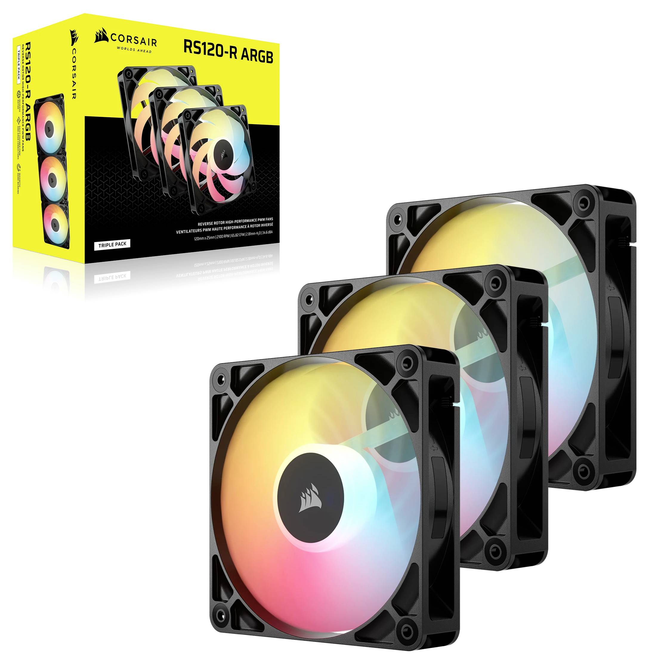 Der 'CORSAIR RS120-R ARGB' verfügt über drei leuchtstarke, mehrfarbige Kühlventilatoren und eine entsprechende Verpackung; er wird zur Verbesserung der Luftzirkulation und Ästhetik von Desktop-PCs verwendet.