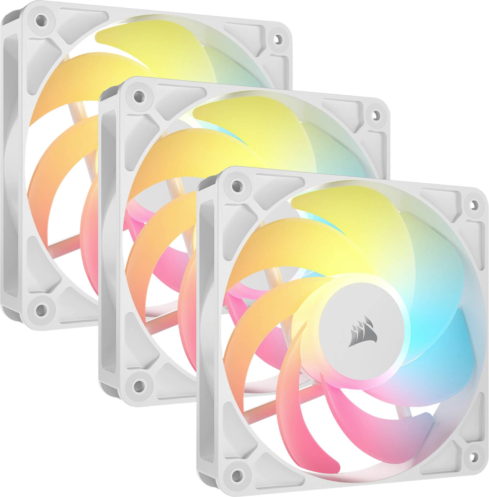 Drei weiße Computer-Kühlventilatoren mit mehrfarbiger RGB-Beleuchtung auf den Rotorblättern, die einen Farbverlauf aus Pastelltönen darstellen.