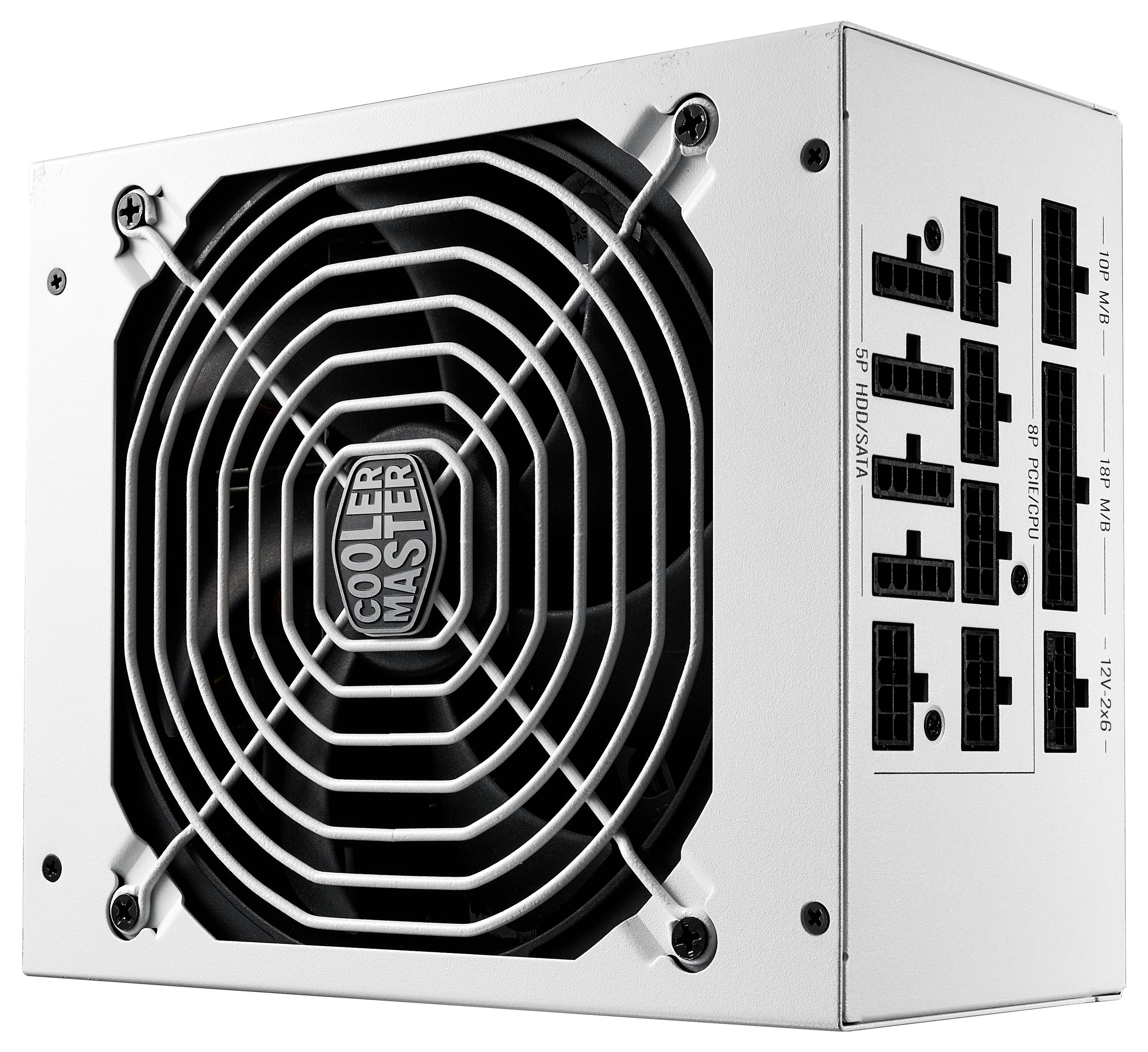 Eine weiße Computer-Netzteileinheit mit einem Metallventilatorengitter an der Vorderseite und verschiedenen beschrifteten Anschlüssen an der Seite für Komponentenverbindungen.