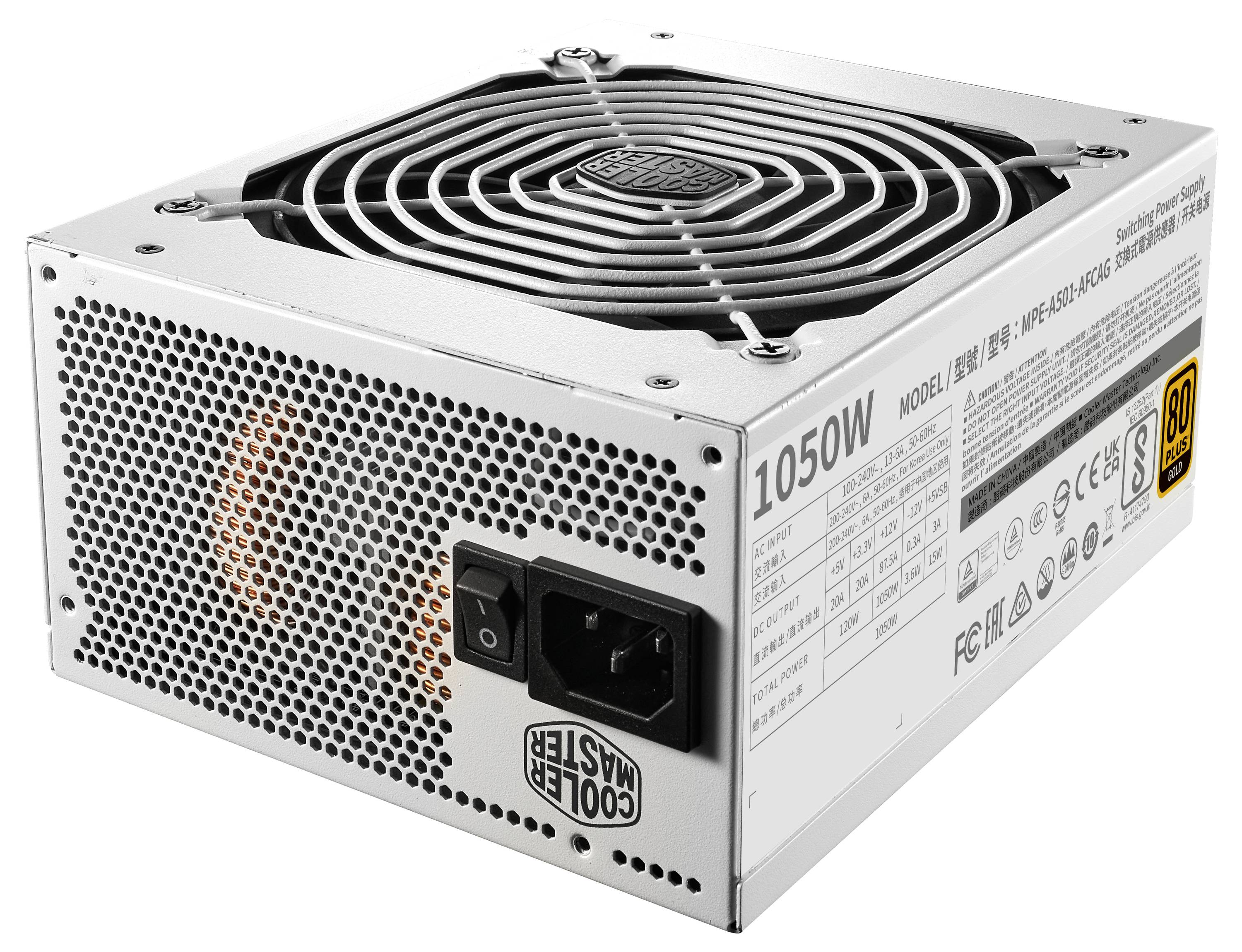 1050-Watt-Netzteil für Computer mit Kühlventilator und mehreren Zertifizierungslogos an der Seite, ausgestattet mit einem Metallgehäuse.