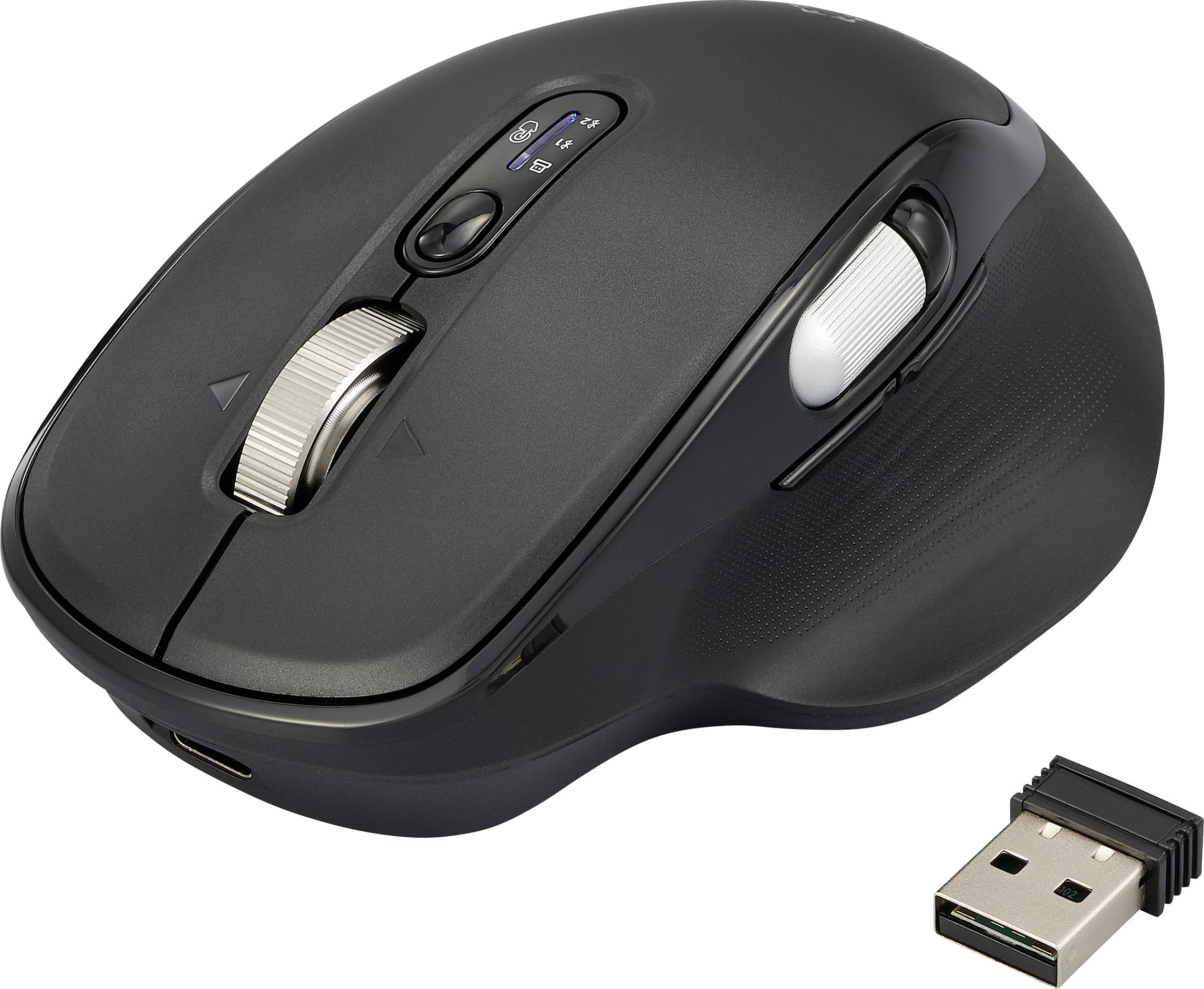 Eine schwarze kabellose Computermaus mit ergonomischem Design, ausgestattet mit anpassbaren Tasten und einem seitlichen Scrollrad. Inklusive USB-Empfänger.