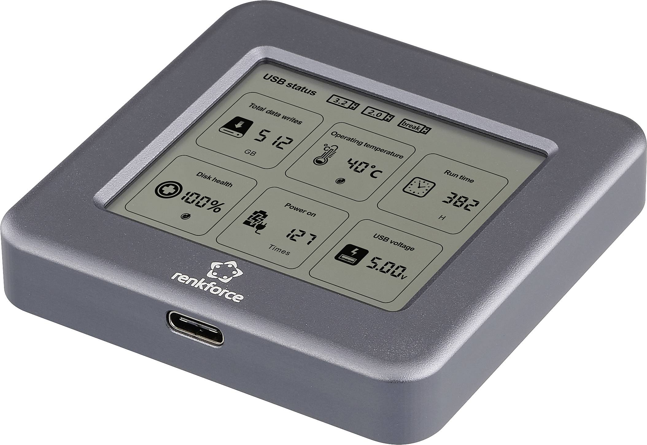 USB-Diagnosegerät zeigt Status an: 'Lesen und Schreiben', 'Betriebstemperatur', 'Festplattengesundheit', 'Geräteinformationen', 'USB-Spannung'.