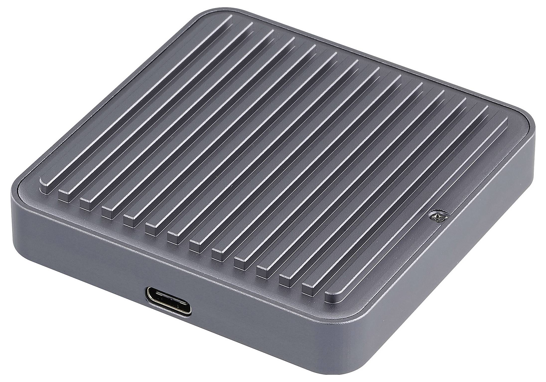 Ein kompaktes, quadratisches, externes Solid-State-Laufwerk in mattem Grau mit einer gerippten Oberfläche und einem USB-C-Anschluss an der Seite.